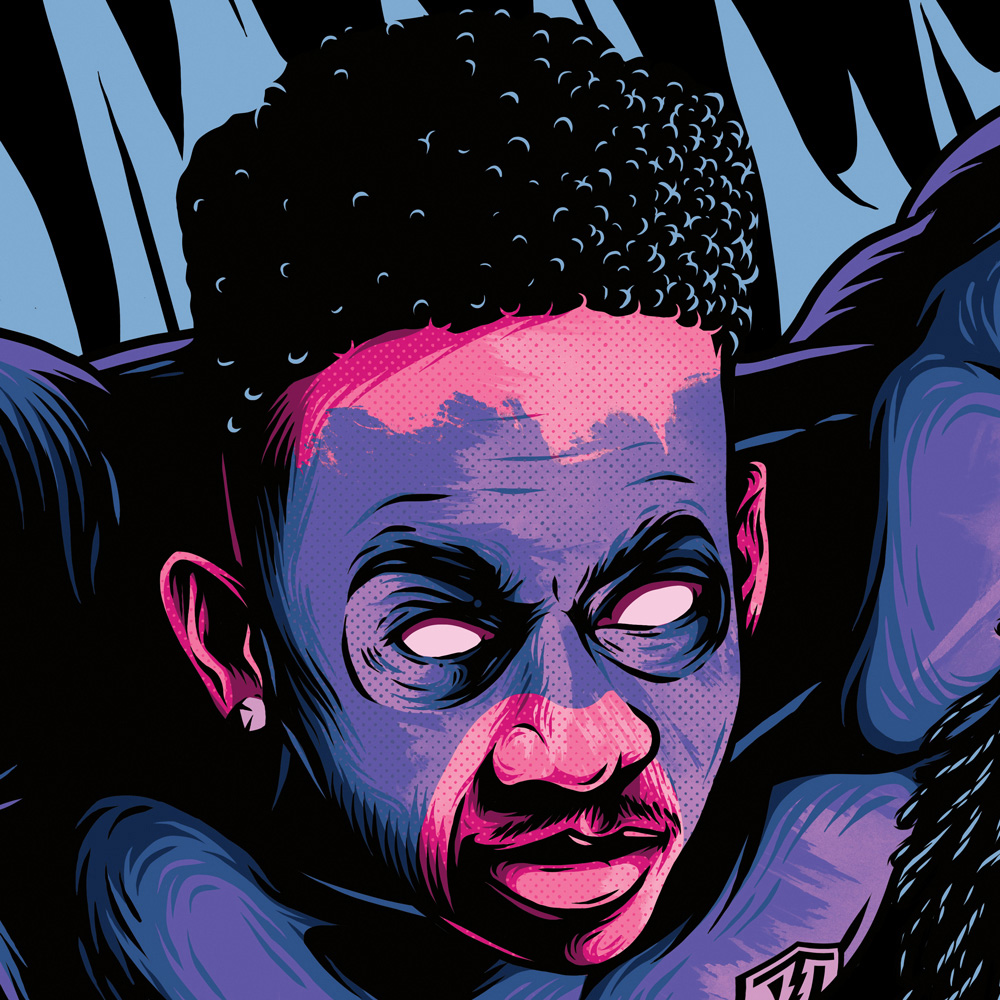 Close-up of one illustrated Next Town Down band member from the EP artwork, rendered in bold pink, purple and blue tones.