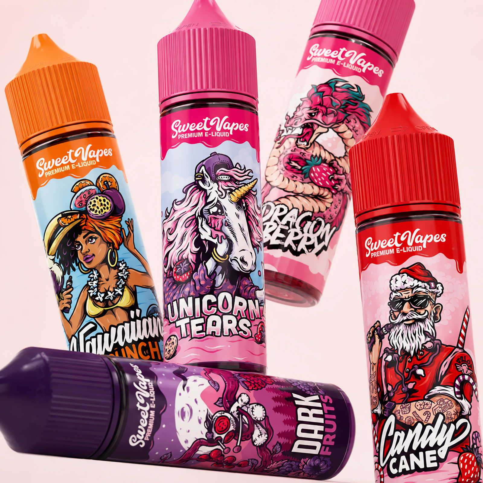 Five Sweet Vapes e-liquid bottles arranged dynamically, showing Hawaiian Punch, Unicorn Tears, Dragon Berry, Candy Cane and Dark Fruits illustrated packaging.