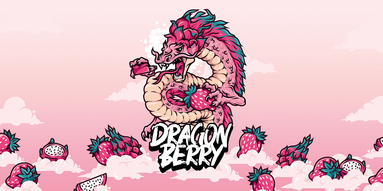 Dragon Berry artwork for Sweet Vapes featuring a pink illustrated dragon holding a strawberry among clouds and dragon fruit.