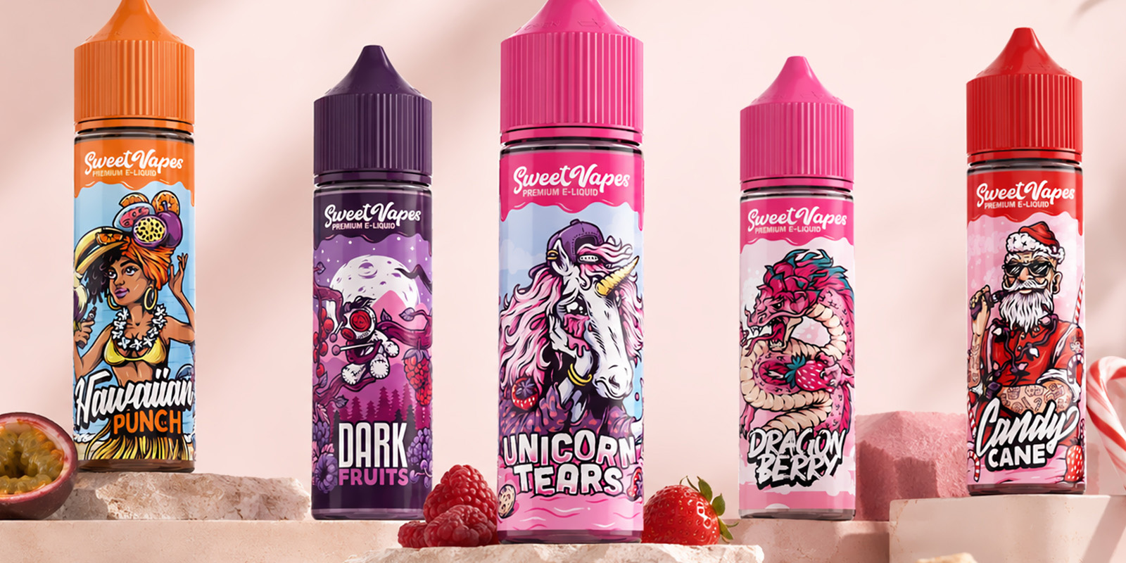 Five Sweet Vapes e-liquid bottles standing across a pale pink set with fruit and confectionery props corresponding to the different flavours.