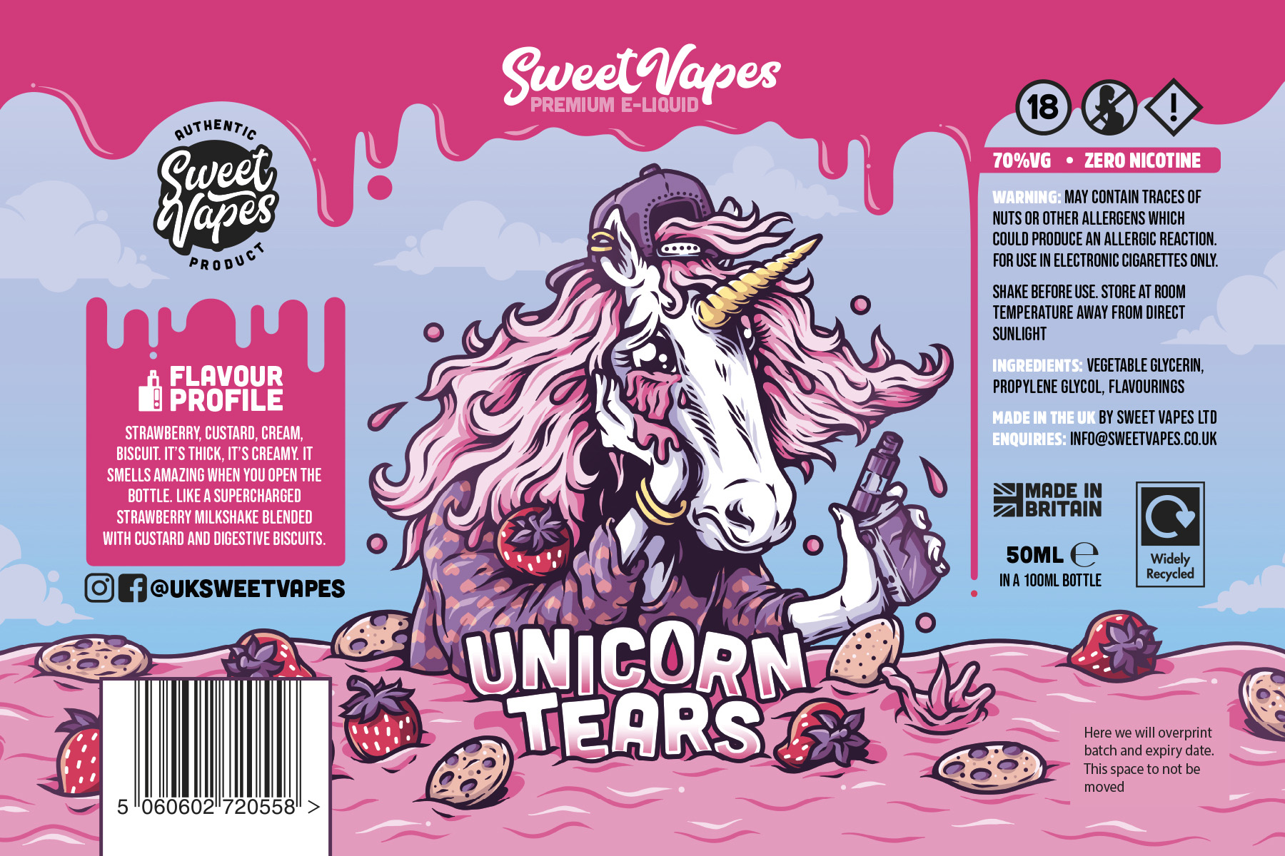 Unicorn Tears packaging artwork for Sweet Vapes showing the illustrated unicorn character, strawberry and biscuit details, flavour information and product labelling.