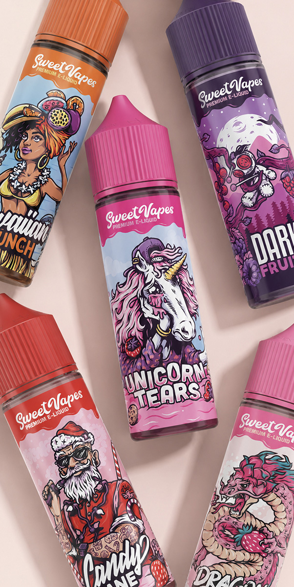 Five Sweet Vapes e-liquid bottles arranged dynamically, showing Hawaiian Punch, Unicorn Tears, Dragon Berry, Candy Cane and Dark Fruits illustrated packaging.