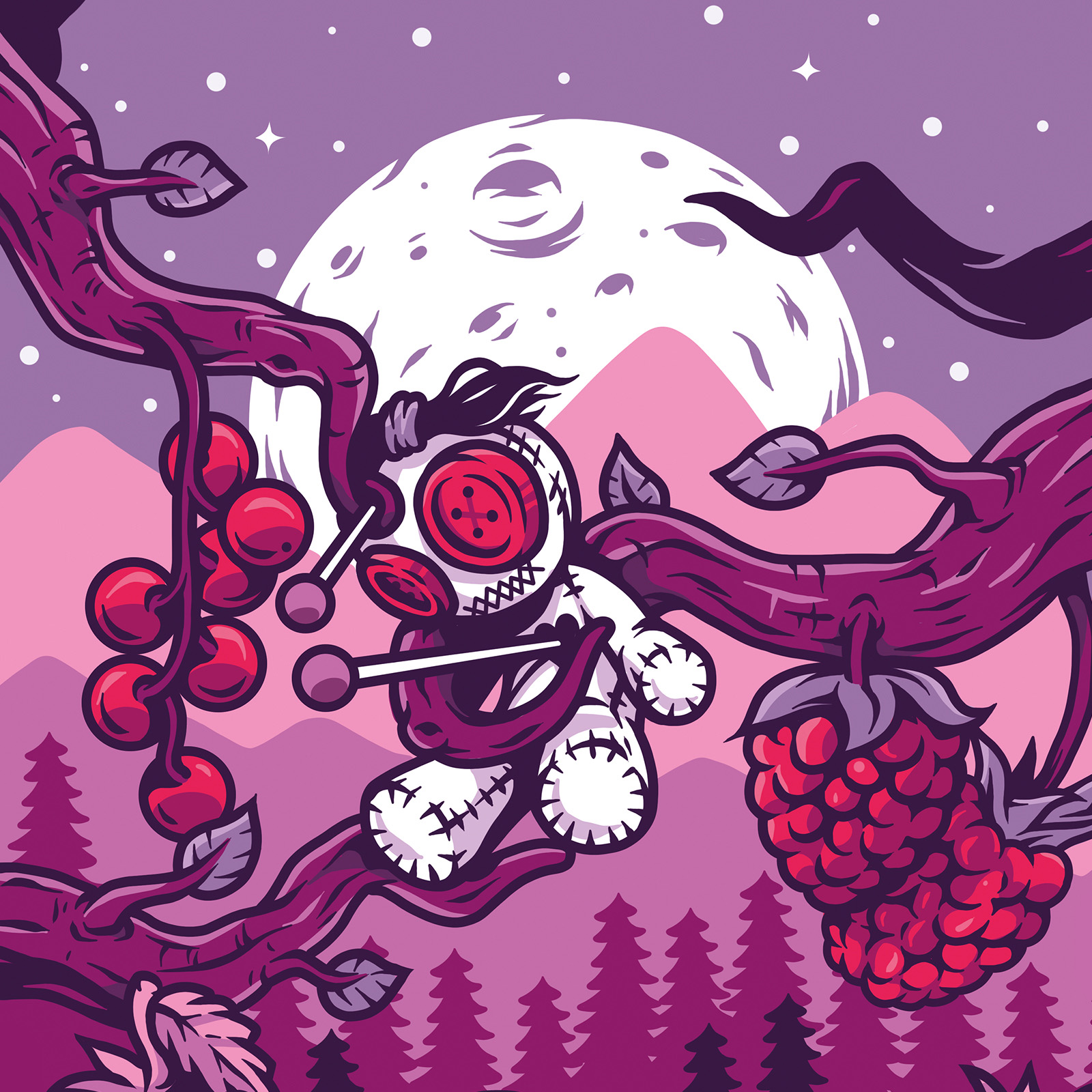 Dark Fruits artwork for Sweet Vapes featuring a stitched doll surrounded by twisting berry branches beneath a full moon.