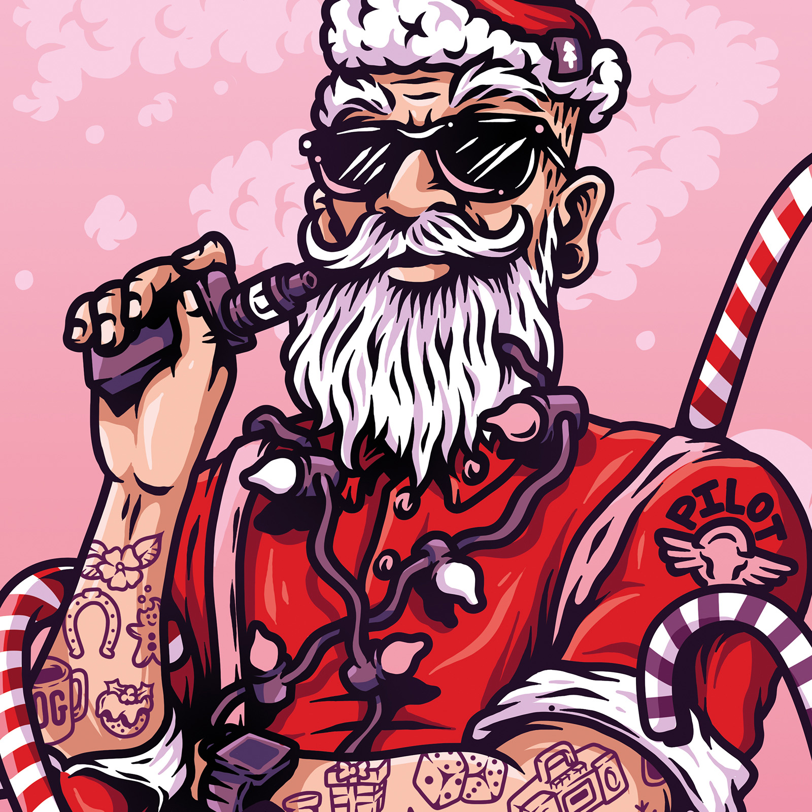Candy Cane artwork for Sweet Vapes featuring a tattooed, bearded character in sunglasses and a Santa hat surrounded by candy cane details.
