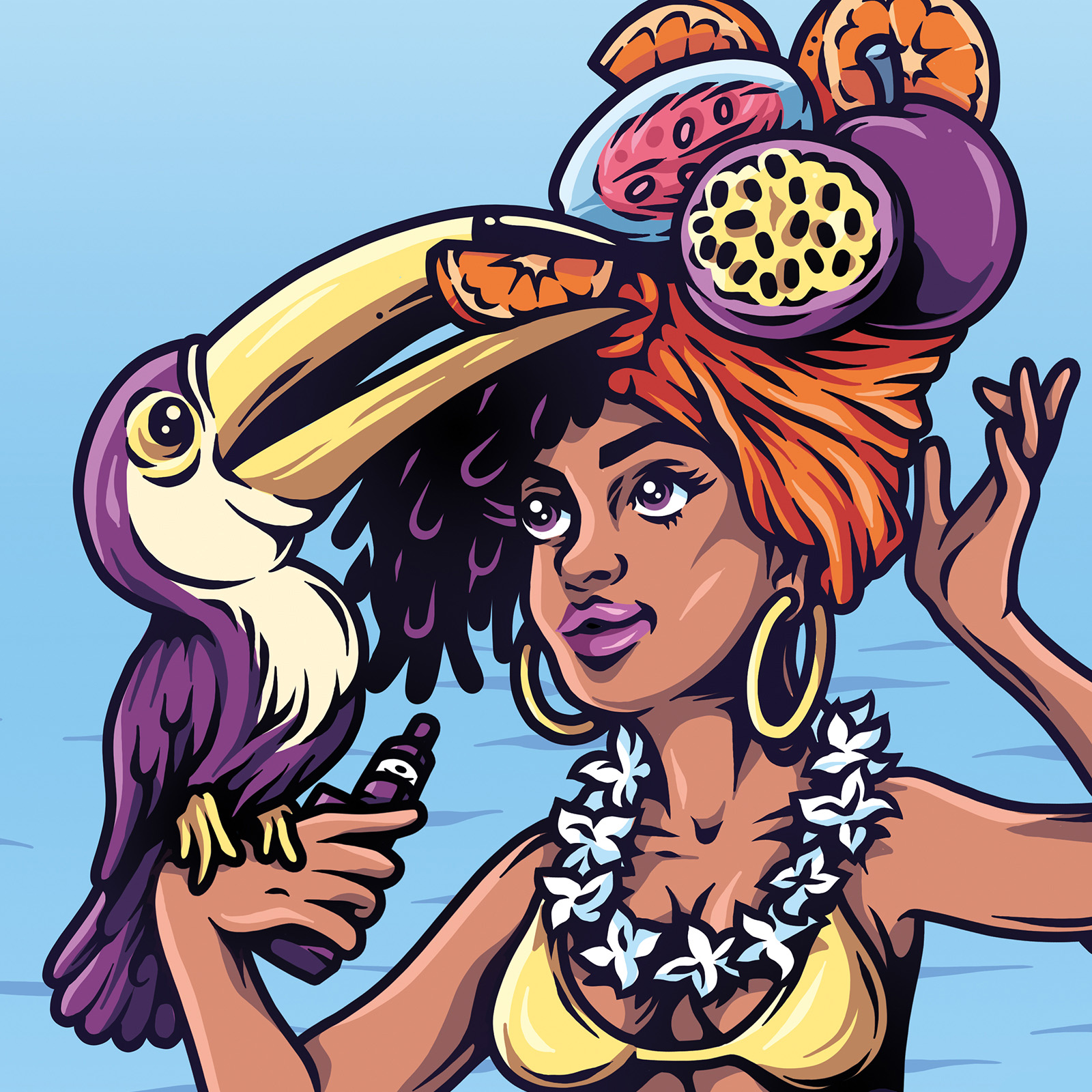 Hawaiian Punch artwork for Sweet Vapes featuring an illustrated woman in a fruit headdress holding a toucan against a blue background.