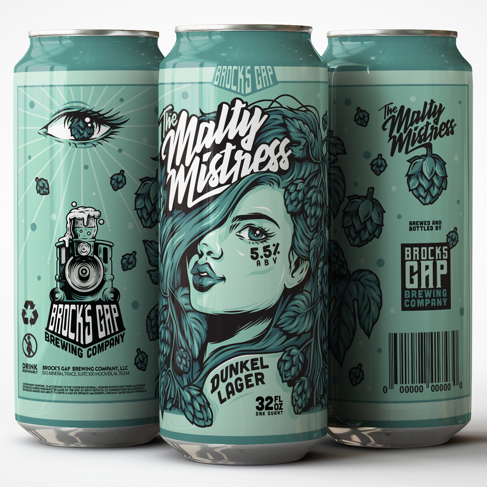 Three views of The Malty Mistress Dunkel Lager can showing the illustrated character, brewery branding and packaging artwork.
