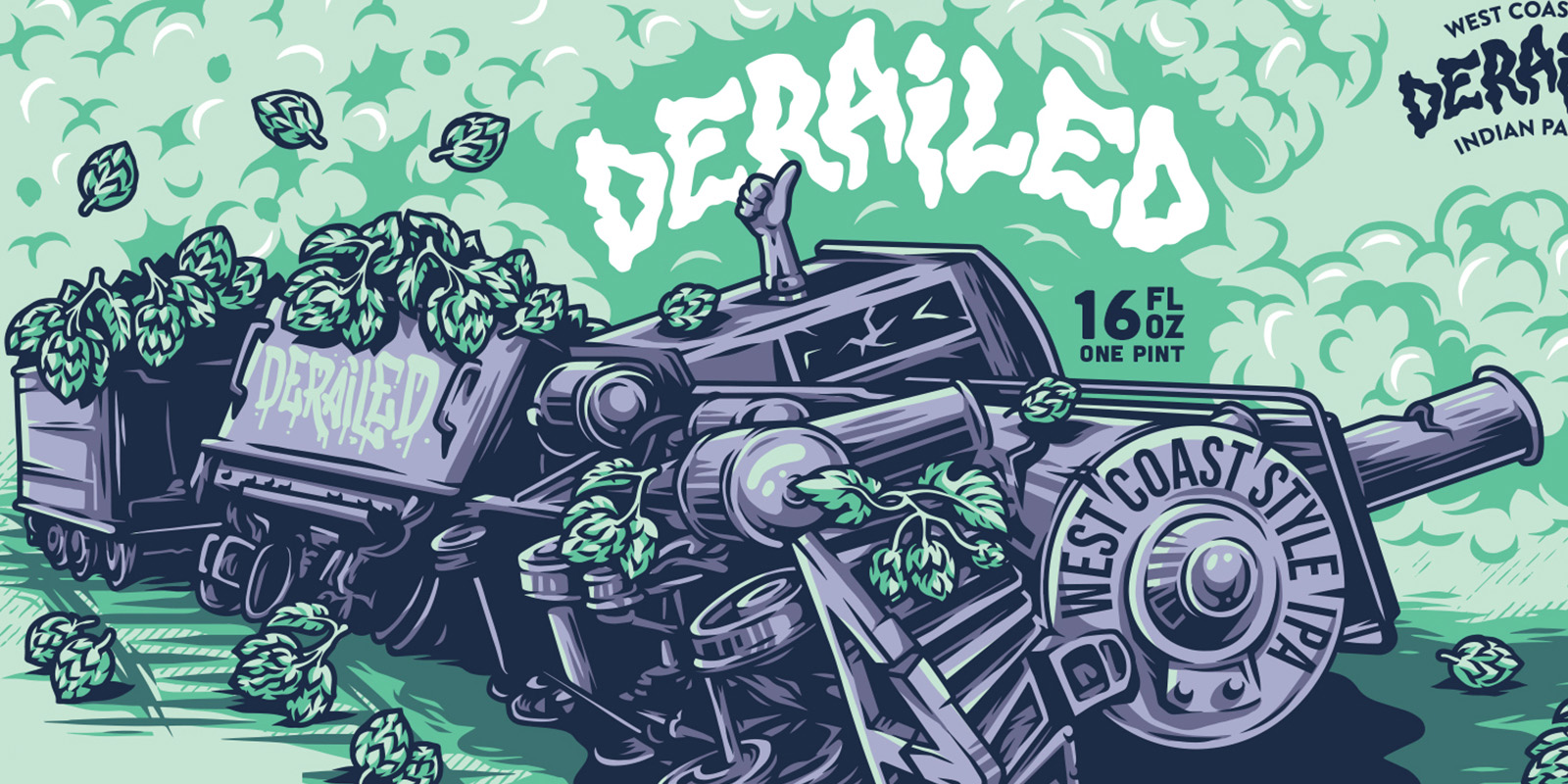 Derailed West Coast IPA label artwork featuring an illustrated locomotive surrounded by hops.