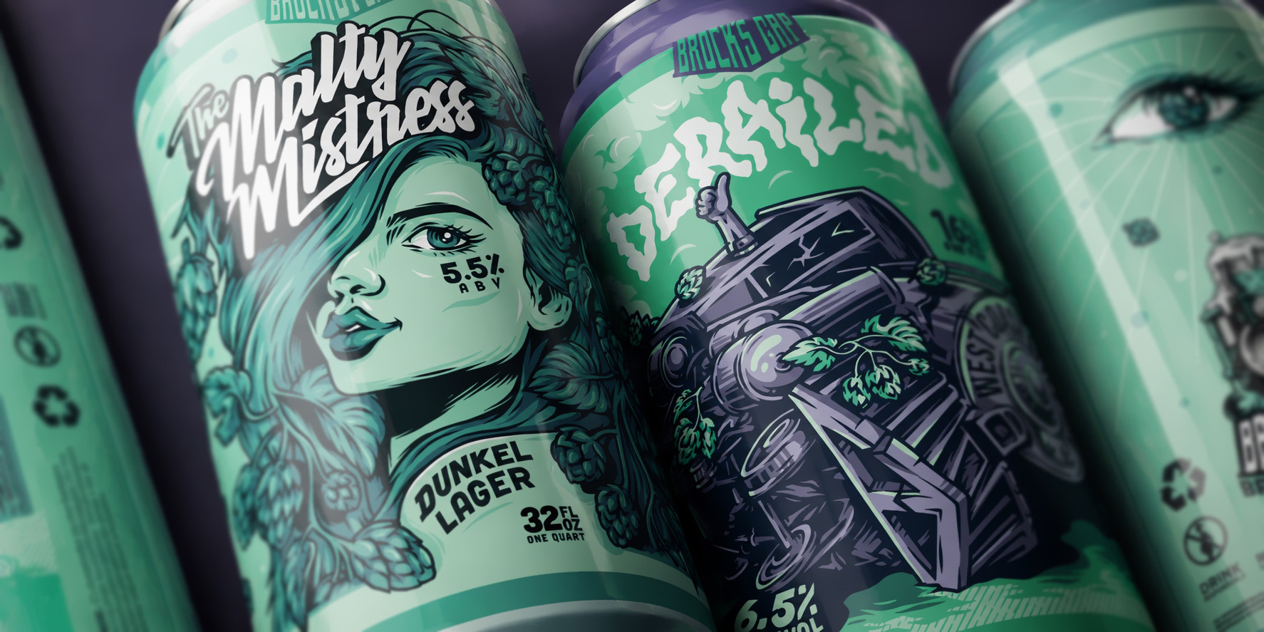 Close-up of The Malty Mistress and Derailed illustrated beer cans for Brock’s Gap Brewing Company.