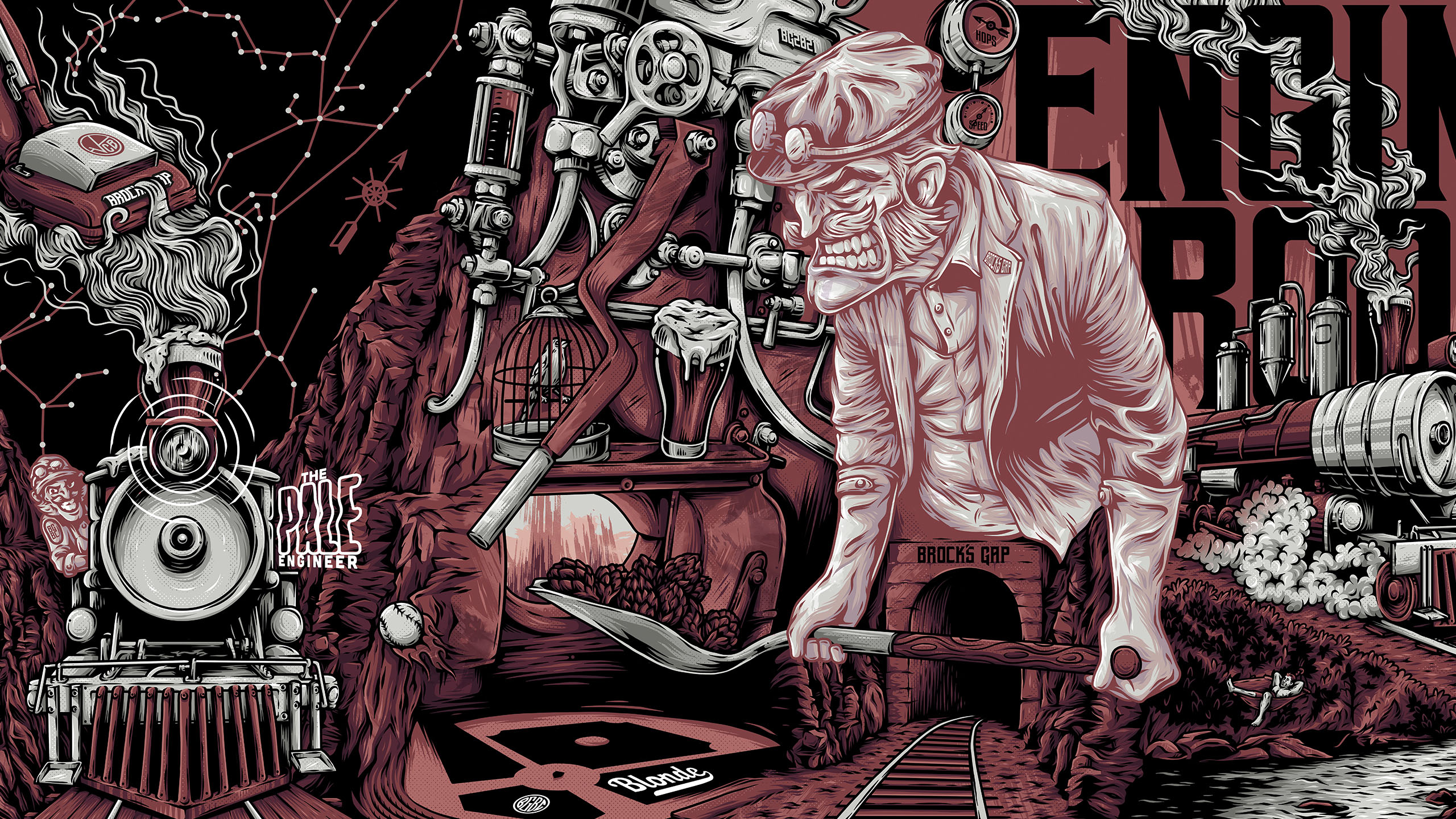 Brock’s Gap Brewing Company mural artwork combining brewing machinery, railway imagery and illustrated characters.