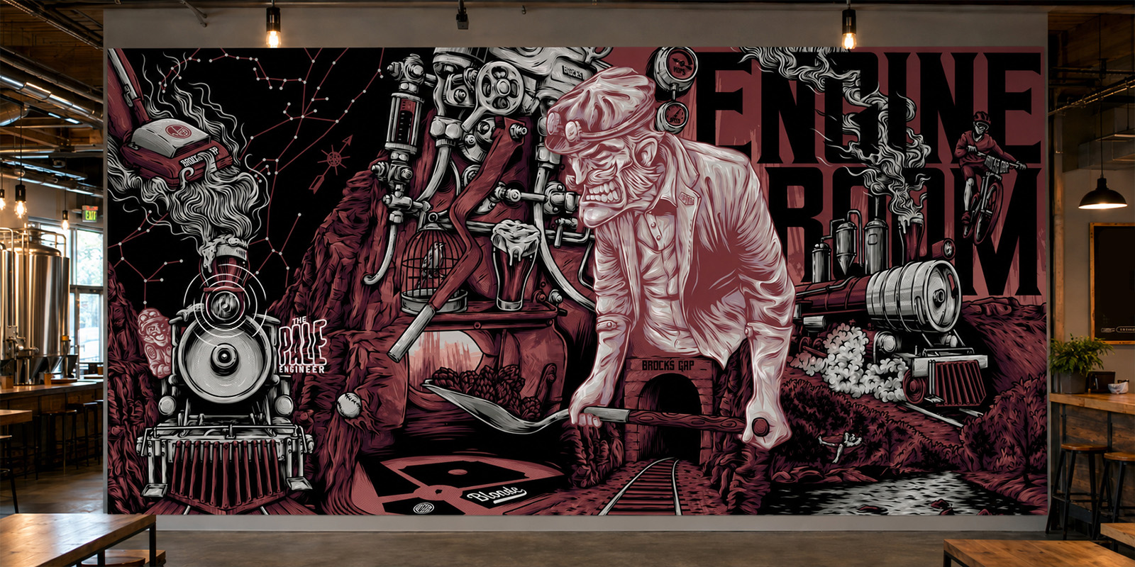 Large illustrated Brock’s Gap Brewing Company mural installed across the brewery taproom wall.