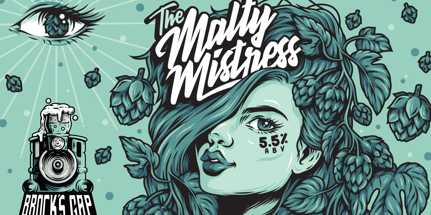The Malty Mistress label artwork featuring a hop-covered female character and custom lettering for Brock’s Gap Brewing Company.