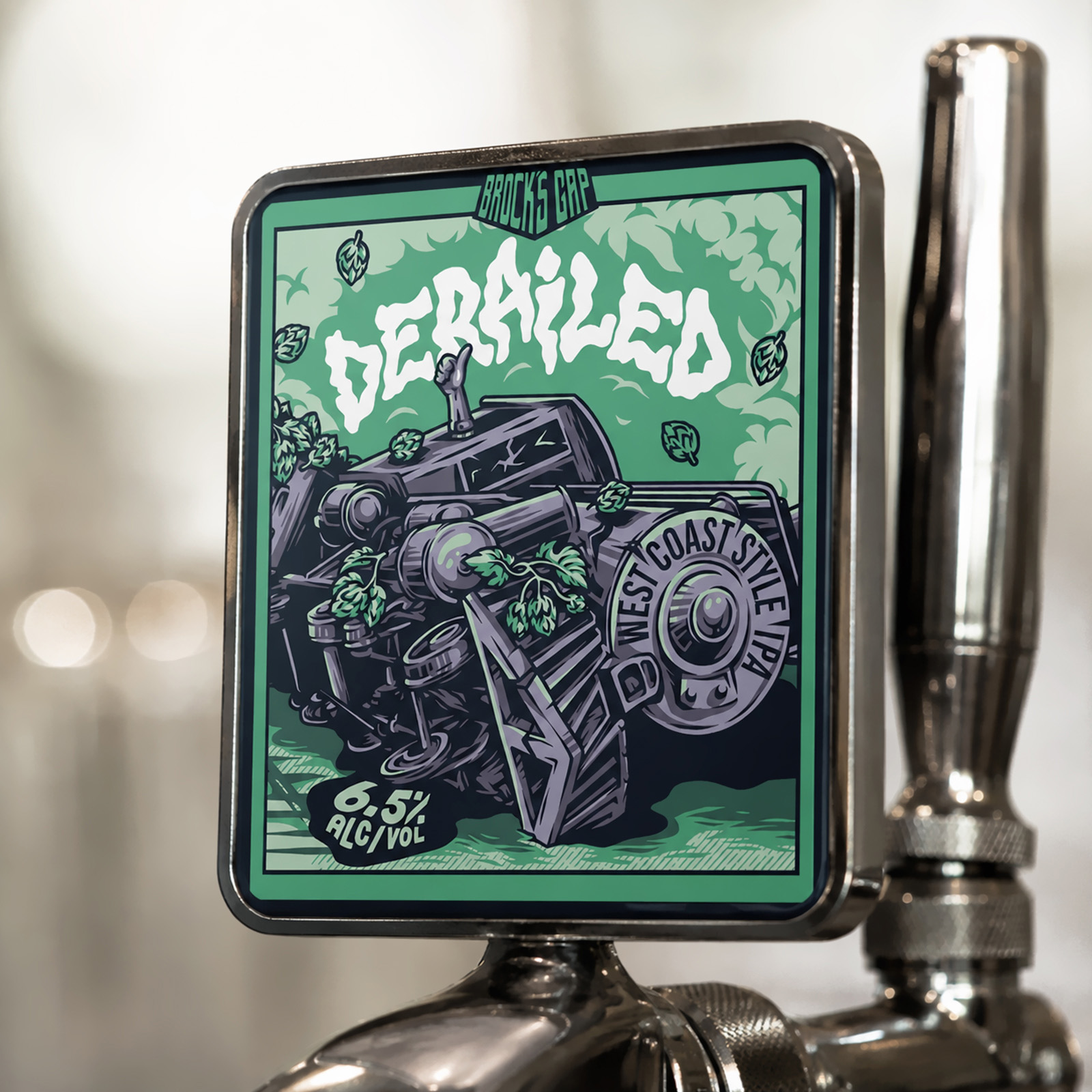 Derailed West Coast IPA artwork displayed on a beer tap handle at Brock’s Gap Brewing Company.