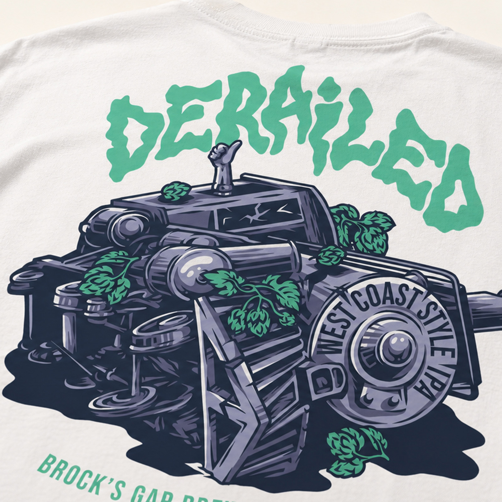 White Brock’s Gap T-shirt featuring the illustrated Derailed locomotive and hop artwork.