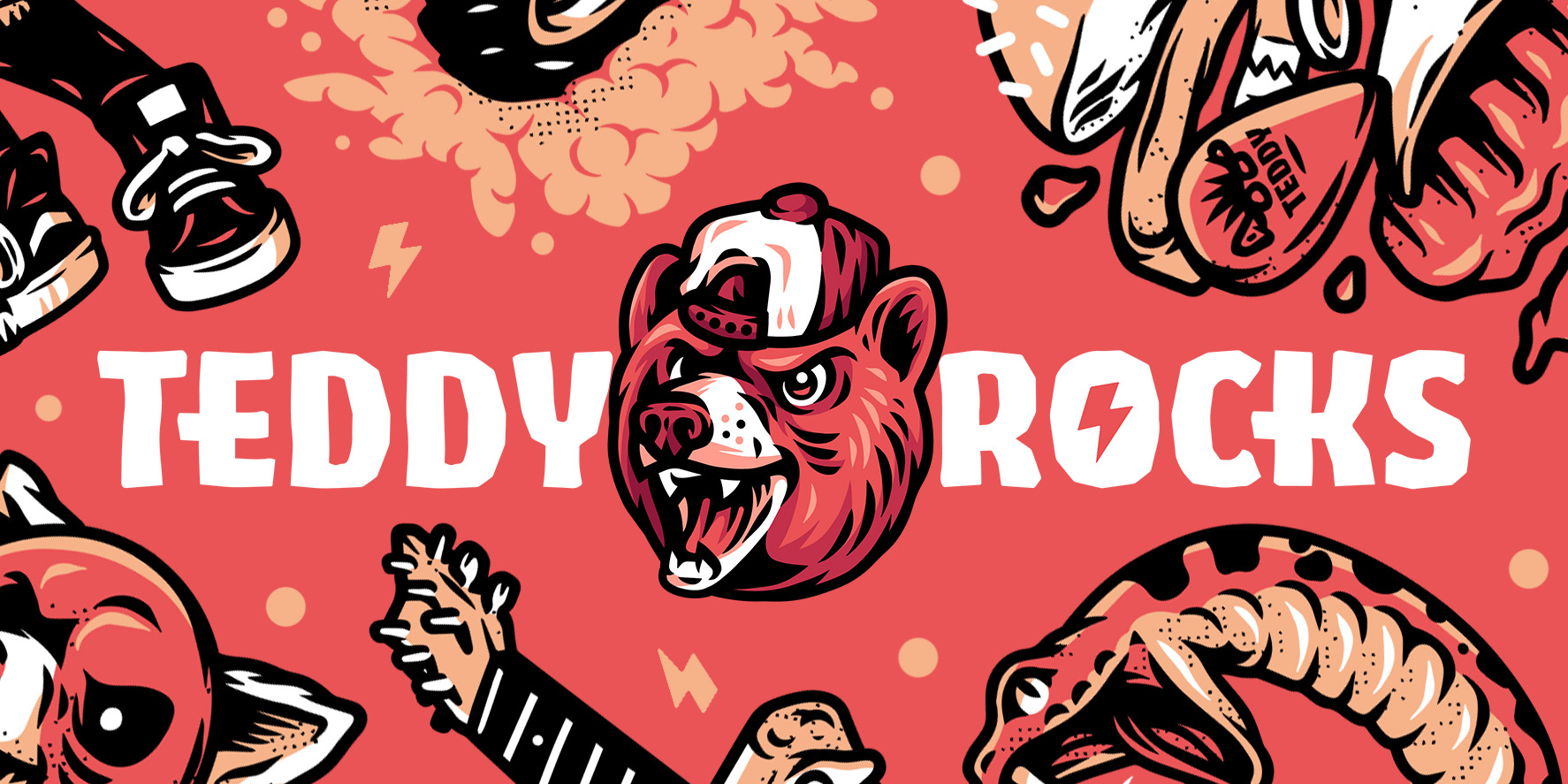 Teddy Rocks Festival illustration detail featuring a bear character, microphone-holding snake, pizza guitar and burger graphics.