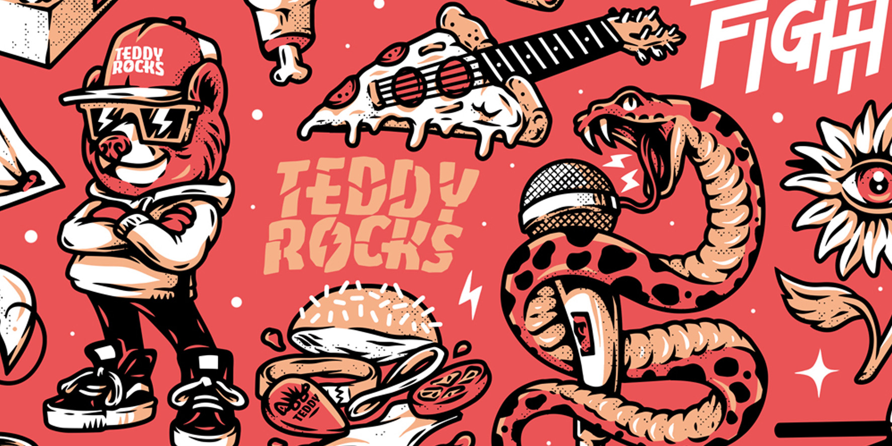 Teddy Rocks Festival artwork featuring the illustrated bear mascot between custom Teddy Rocks lettering and surrounding sticker-style graphics.