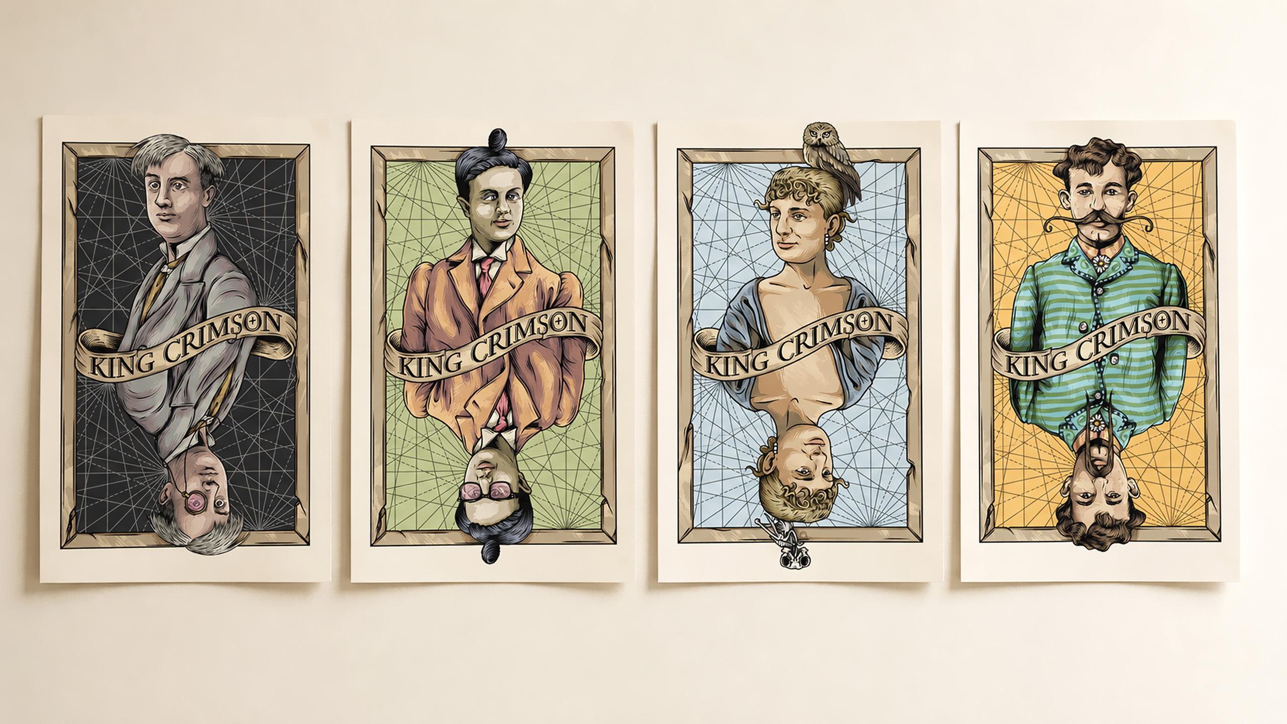 Four King Crimson illustrated poster designs featuring mirrored character portraits in a playing-card-inspired format.
