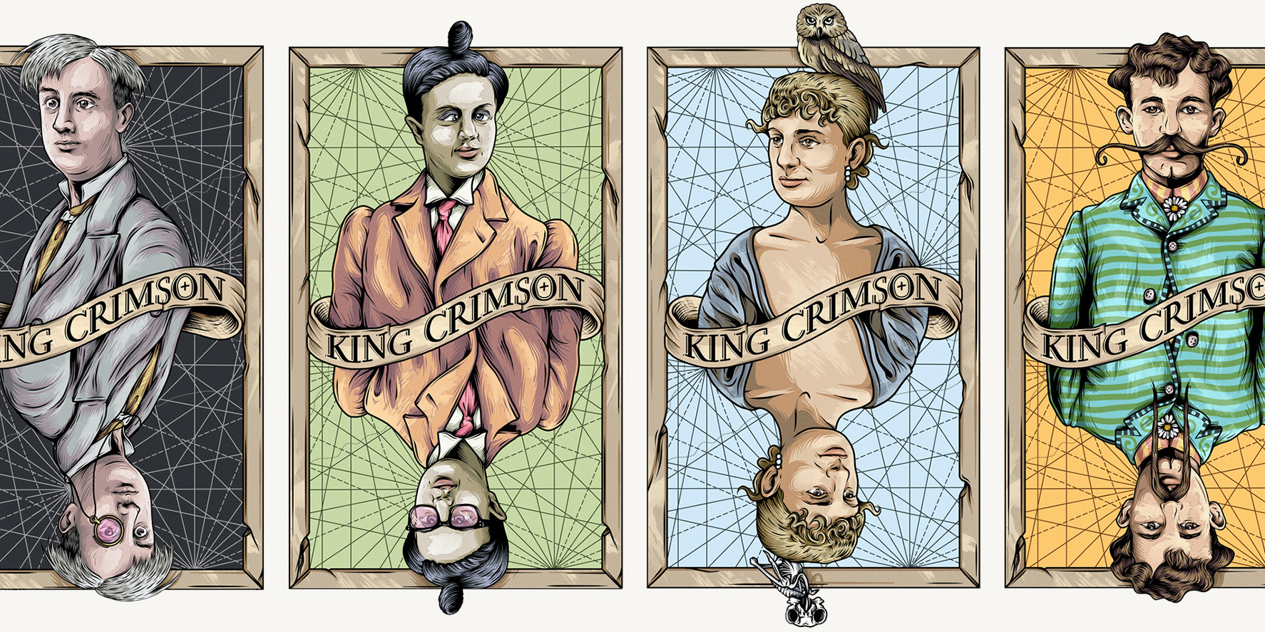Four King Crimson mirrored character illustrations with framed geometric backgrounds and ribbon lettering.