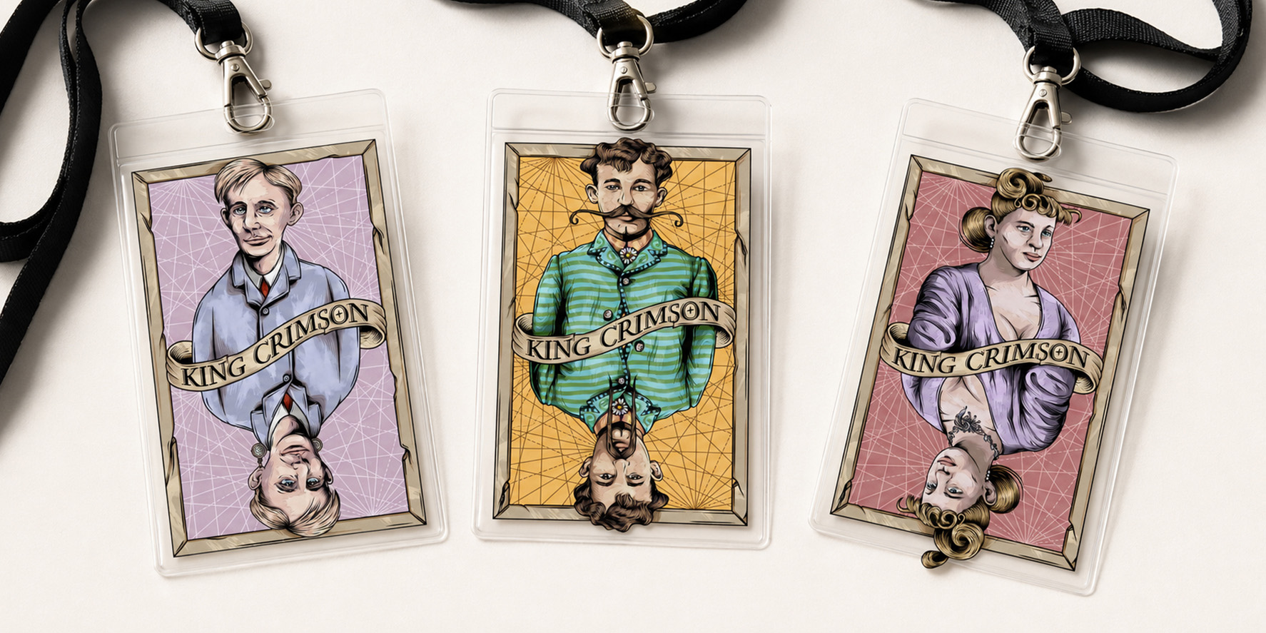 Three King Crimson illustrated character designs presented as backstage pass lanyards.