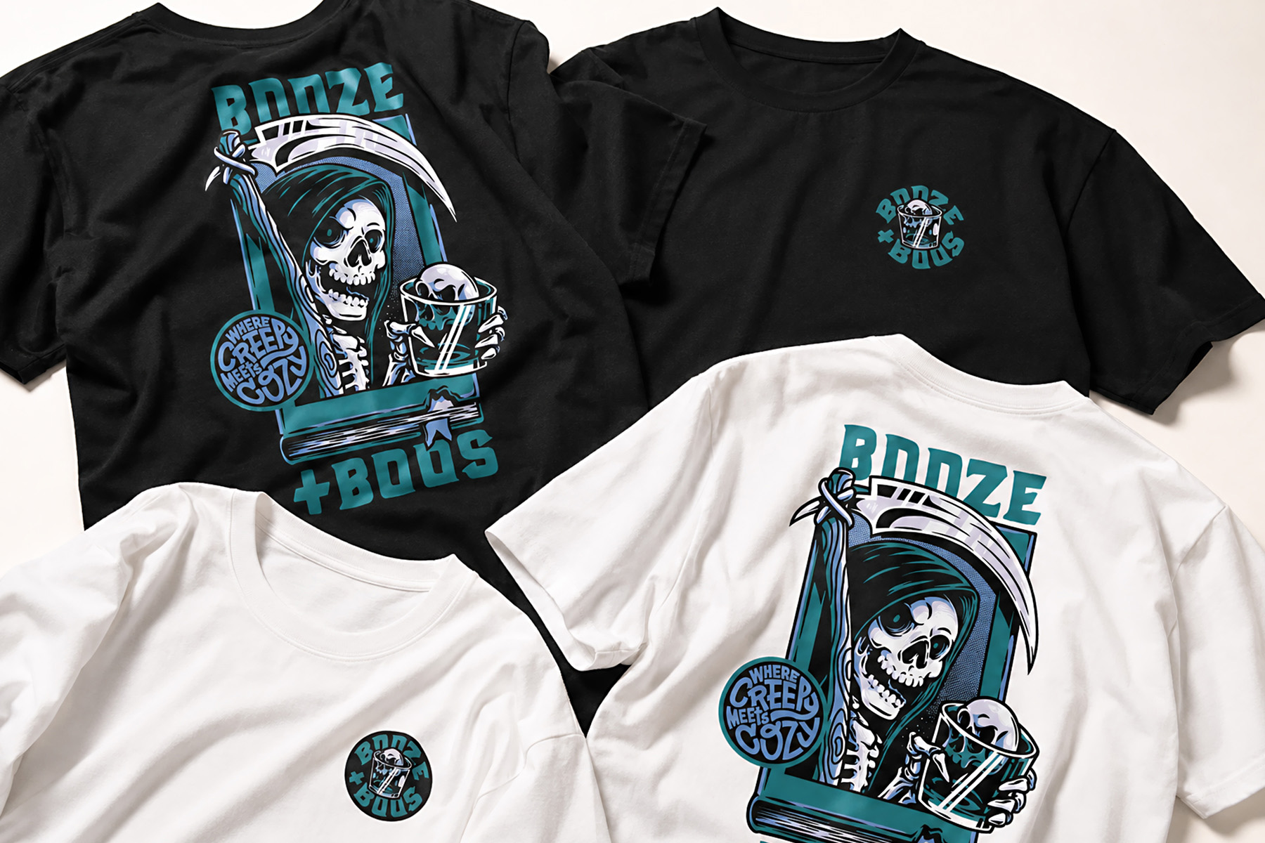 Black and white Booze + Boos T-shirts showing the illustrated skeleton back graphic and circular chest logo.