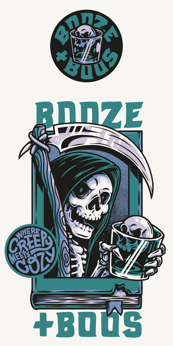 Booze + Boos brand artwork featuring the circular skull-and-drink logo, hooded skeleton illustration and “where creepy meets cozy” slogan.