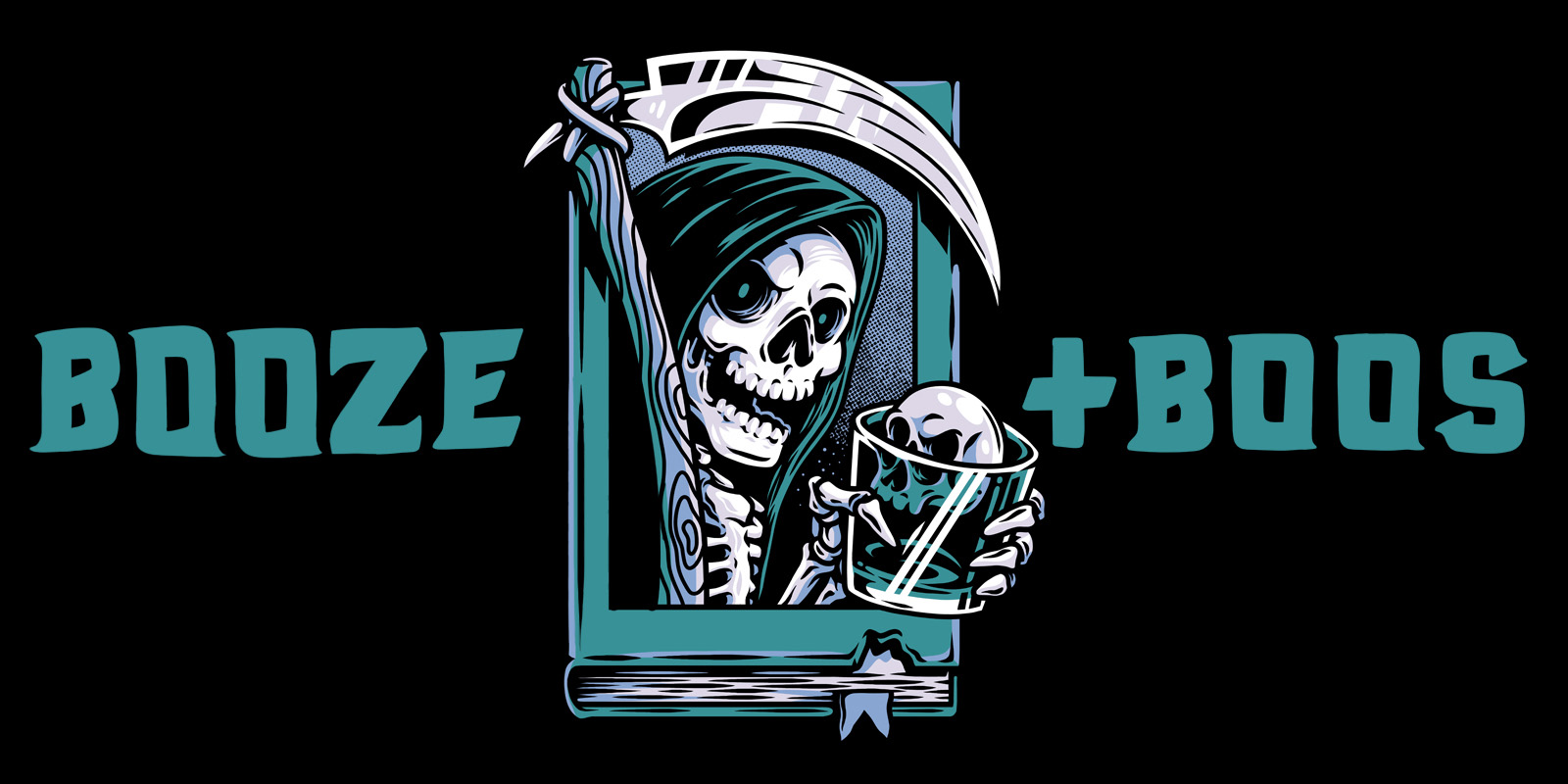 Booze + Boos identity artwork featuring a hooded skeleton holding a scythe and drink between the channel name.