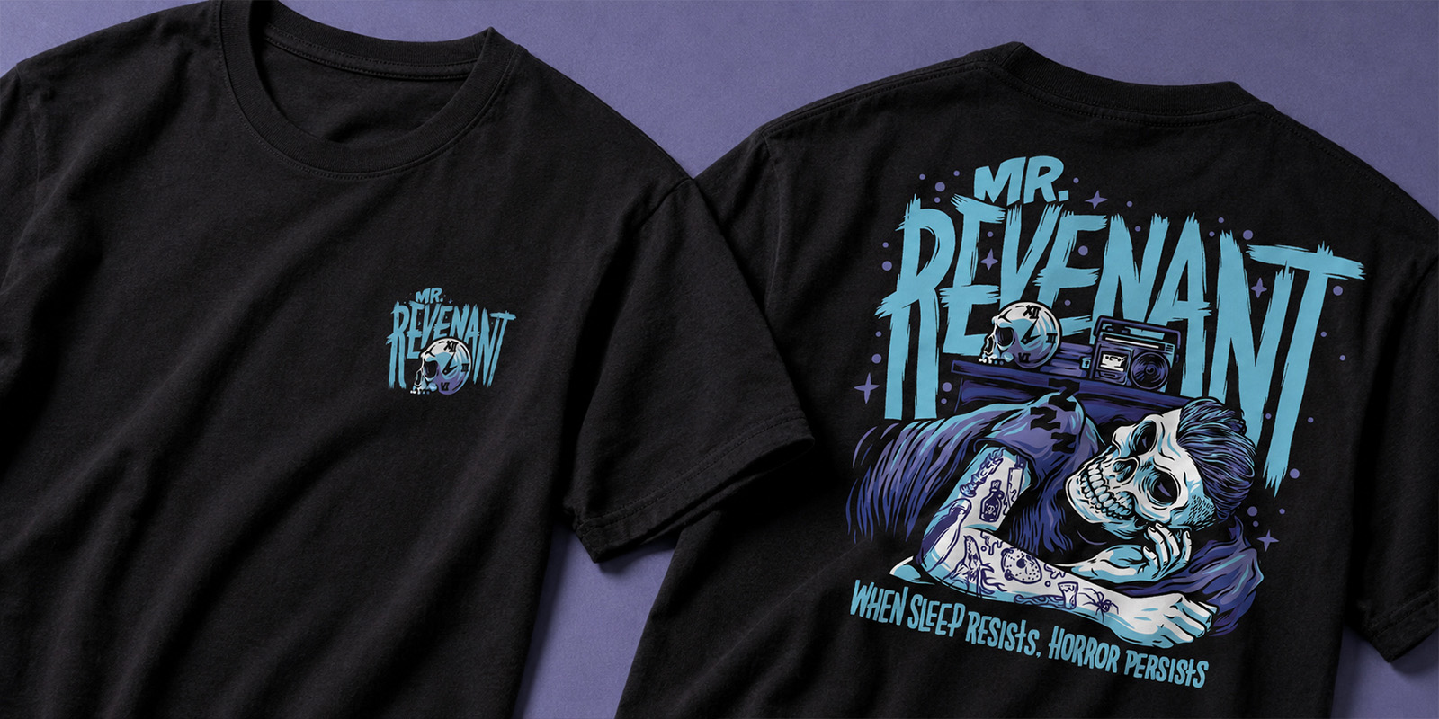 Front and back black Mr. Revenant T-shirts featuring the skull-and-clock chest logo and sleepless revenant illustration.