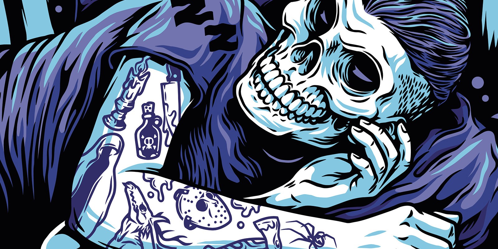 Close-up of the Mr. Revenant illustration showing the skeletal character and horror-themed tattoos in blue and violet.