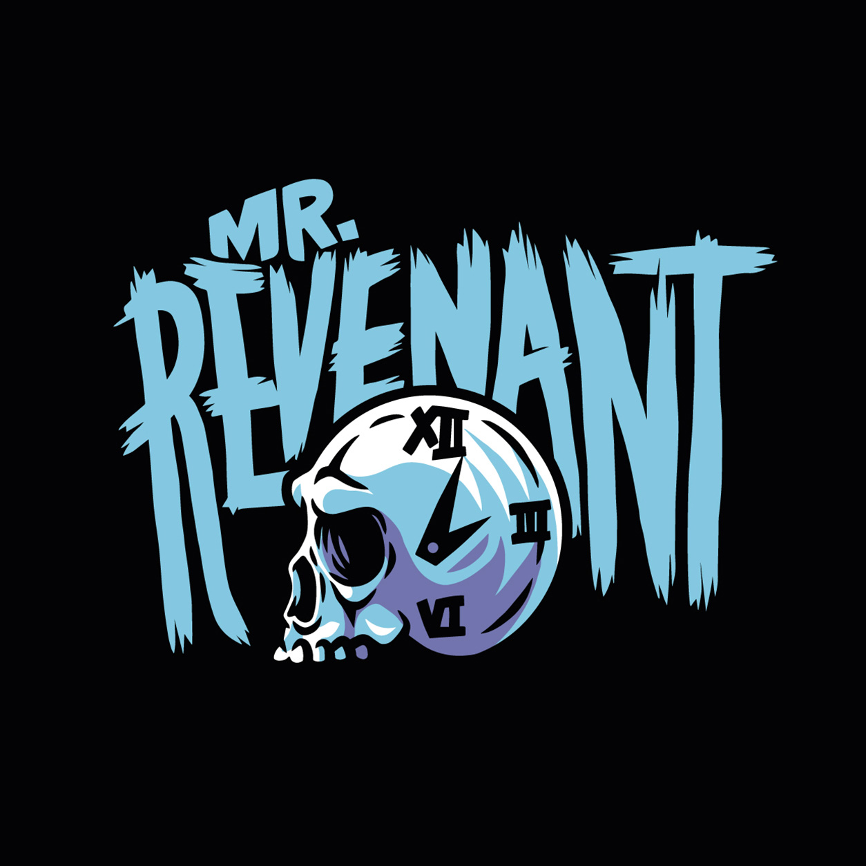 Mr. Revenant skull-and-clock logo with hand-drawn blue lettering on a black background.
