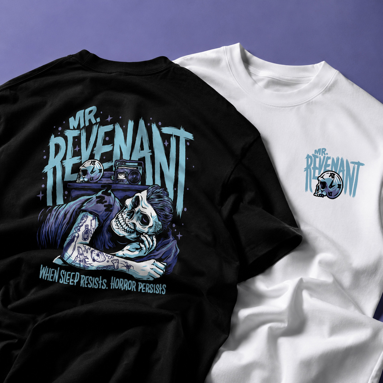 Black and white Mr. Revenant T-shirts showing the illustrated back design and smaller skull-and-clock chest logo.