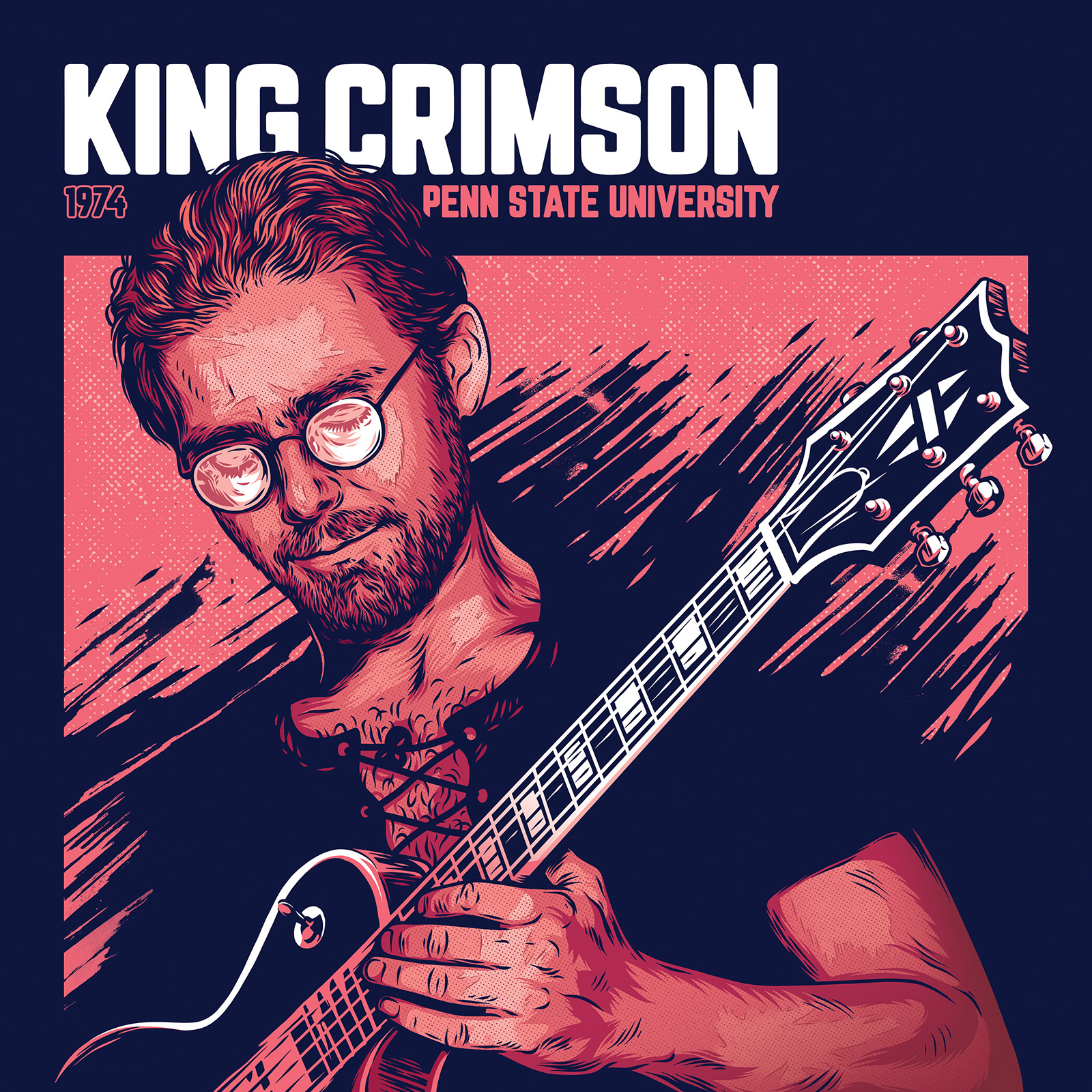 Illustrated portrait of Robert Fripp with guitar for King Crimson 1974 Penn State University.