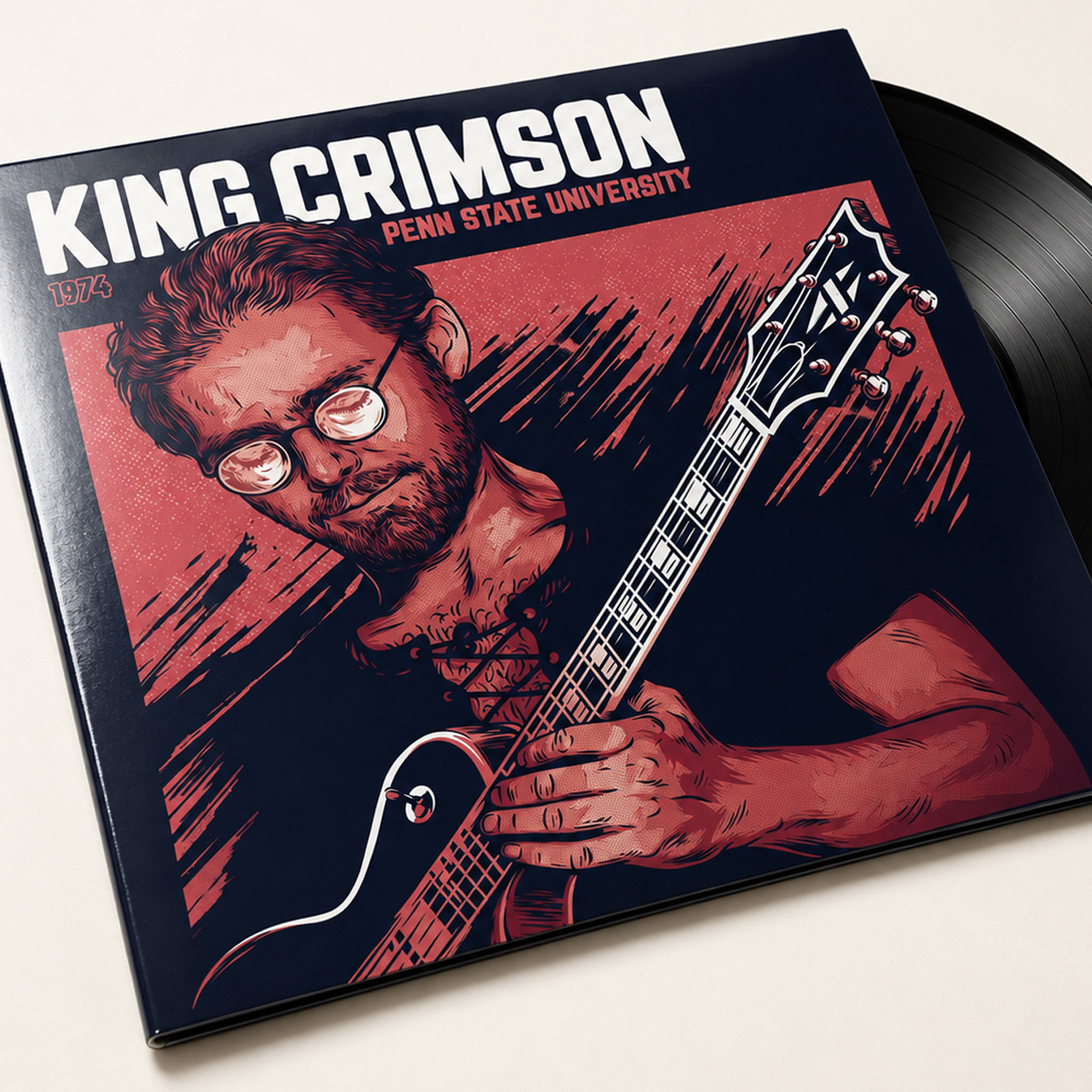 King Crimson 1974 Penn State University record sleeve with black vinyl partially visible behind the cover.