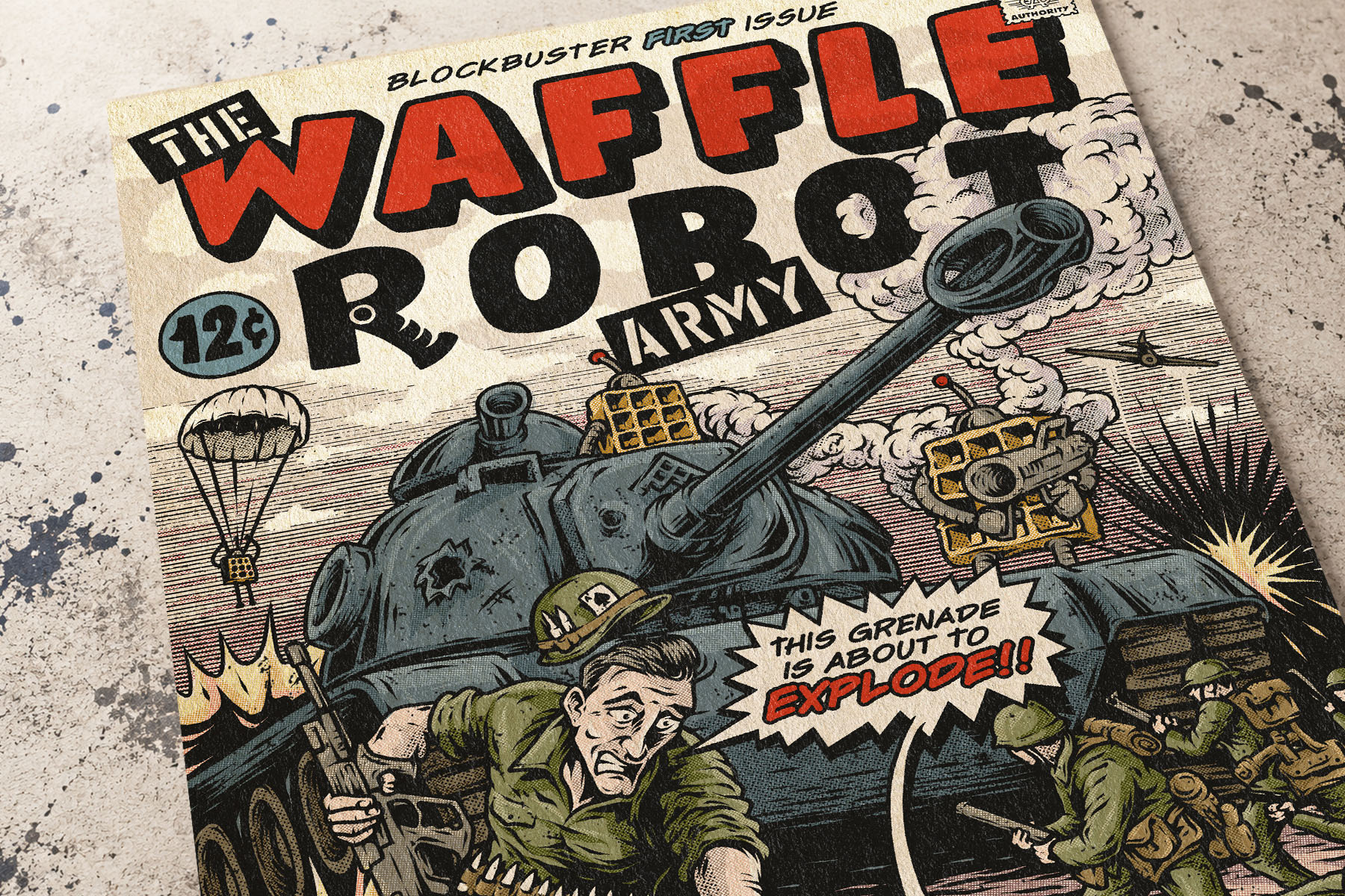 Printed The Waffle Robot Army comic poster featuring a vintage-style battlefield scene with soldiers, tank and robots.