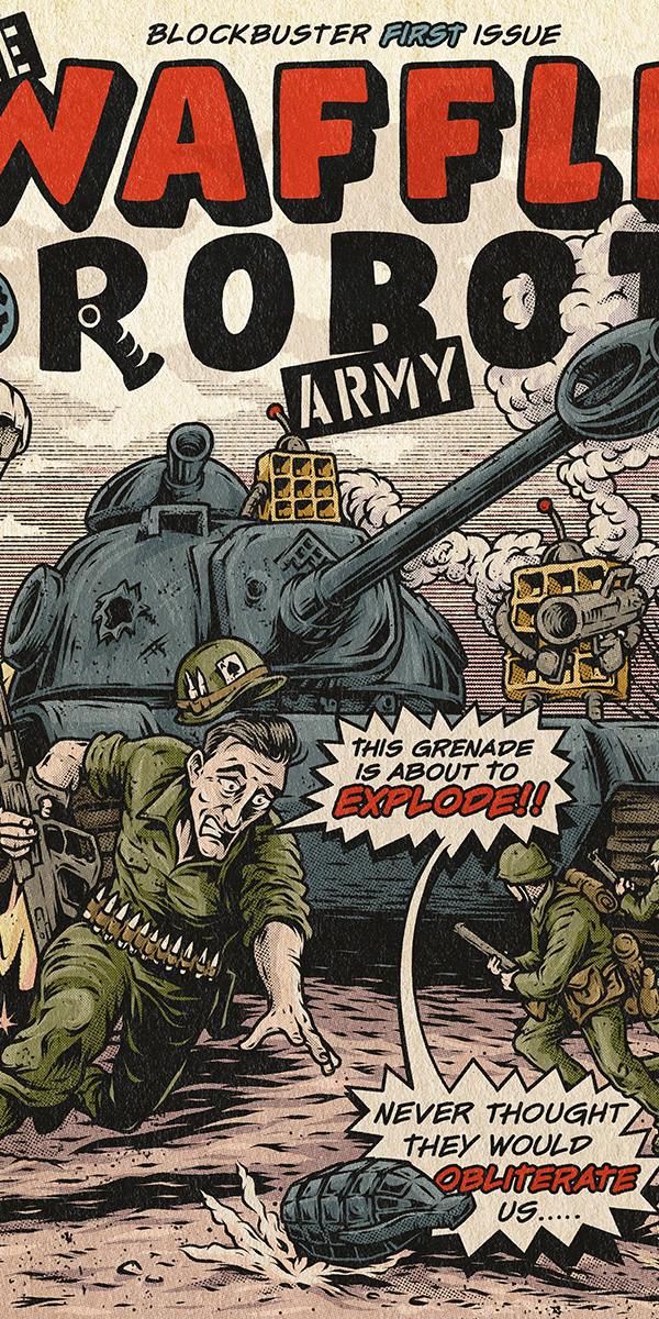 Full-length crop of The Waffle Robot Army vintage comic poster with battlefield illustration and comic-book lettering.