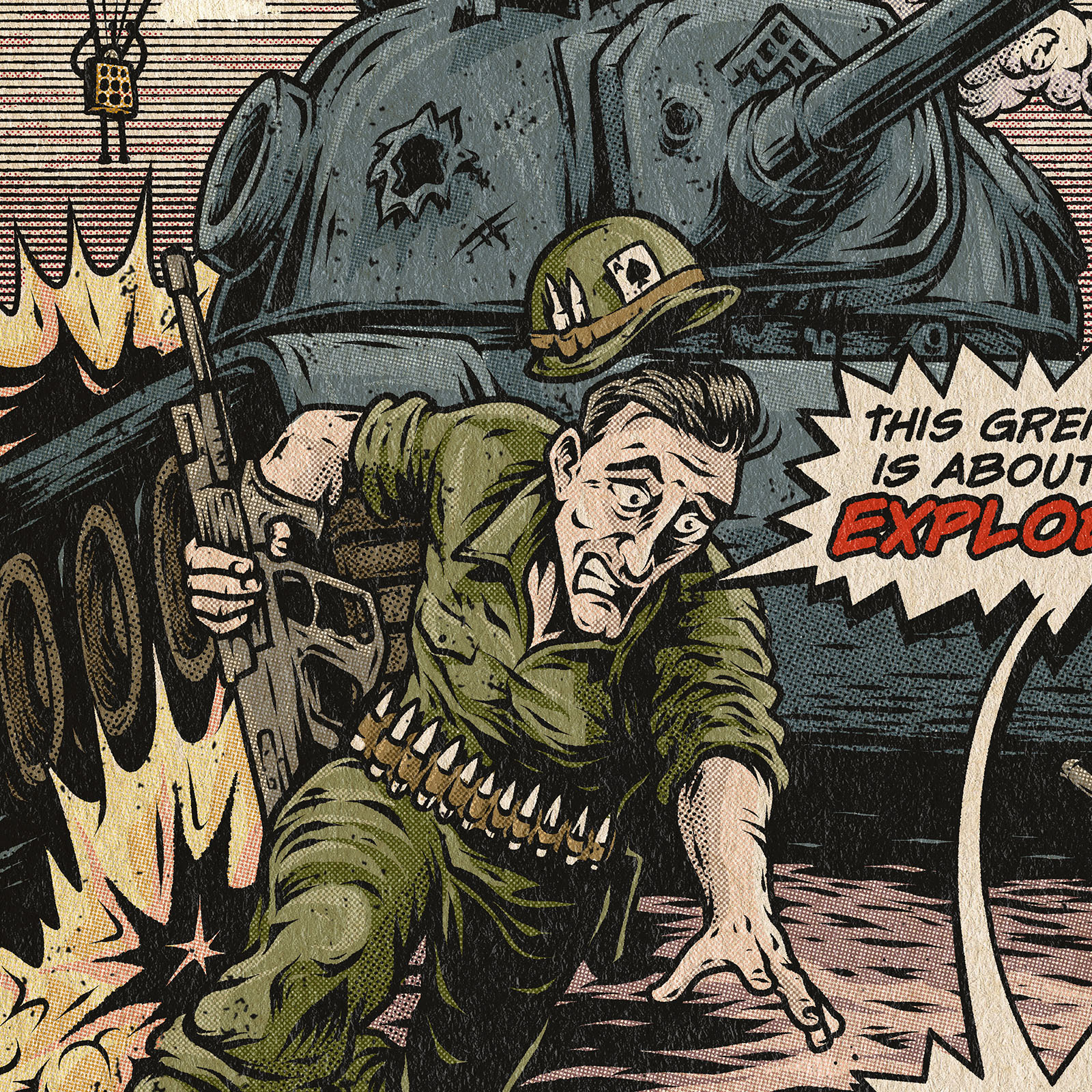 Close-up of a soldier running beside a tank in The Waffle Robot Army vintage comic poster.