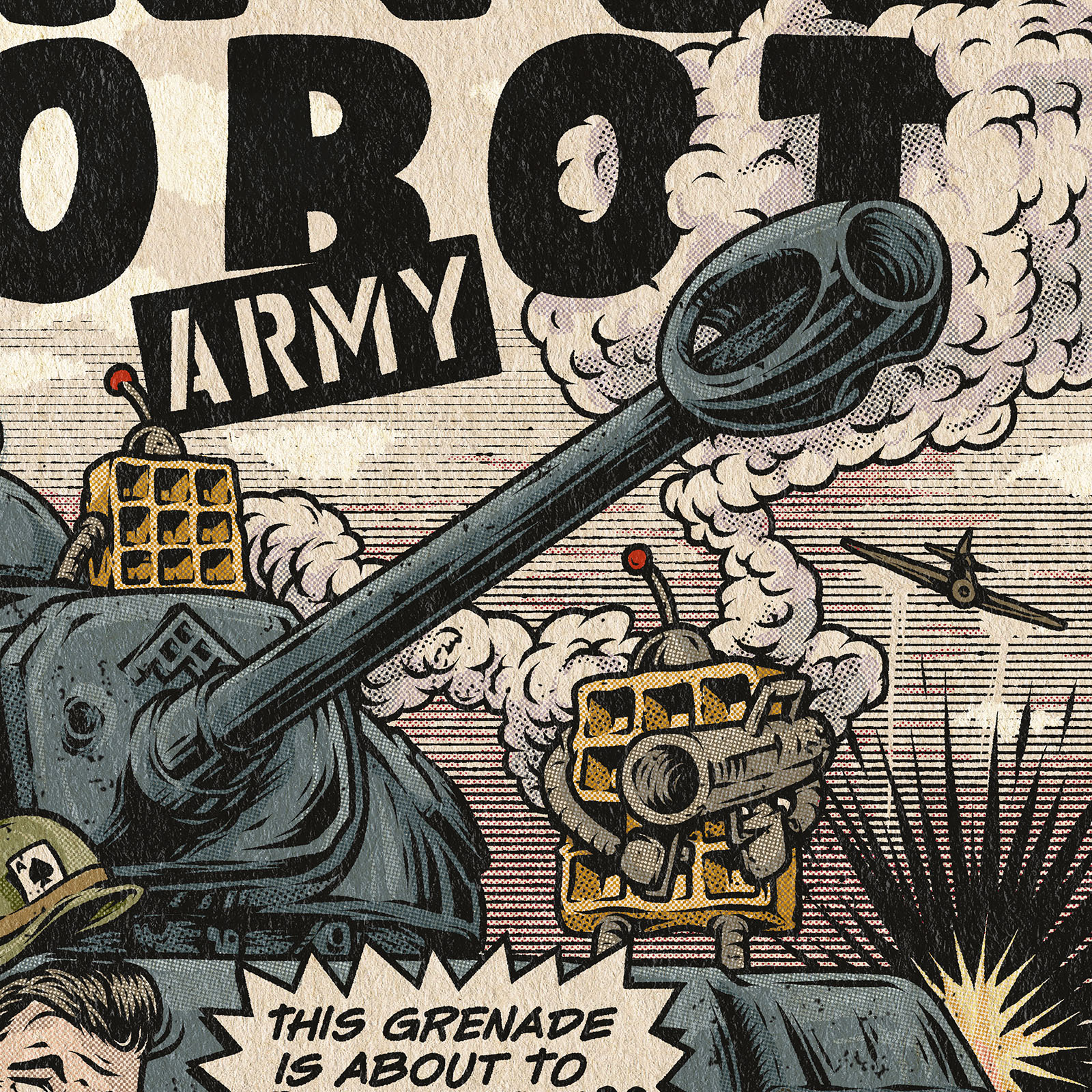 Close-up of the tank, smoke and illustrated waffle robots in The Waffle Robot Army comic artwork.