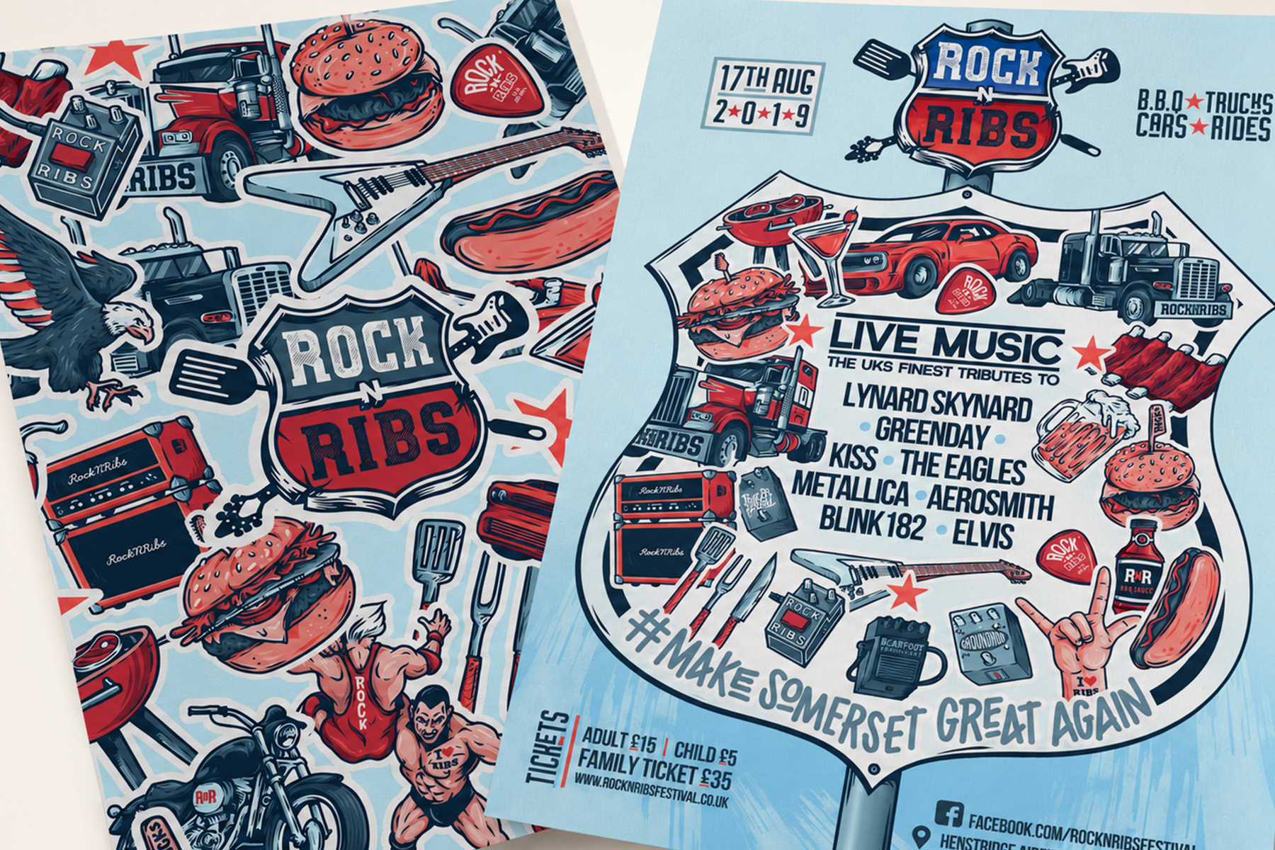 Rock n Ribs festival poster alongside a dense collection of illustrated cars, music, BBQ and Americana graphics.