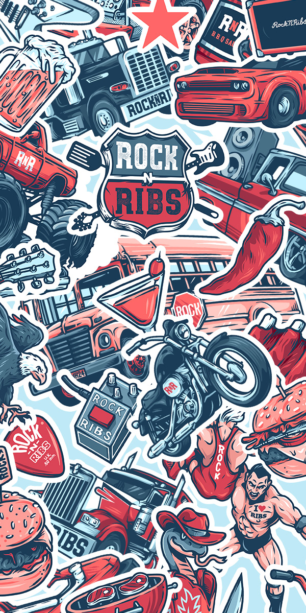 Rock n Ribs illustrated sticker collage featuring American cars, trucks, motorcycles, guitars, BBQ food and festival graphics.