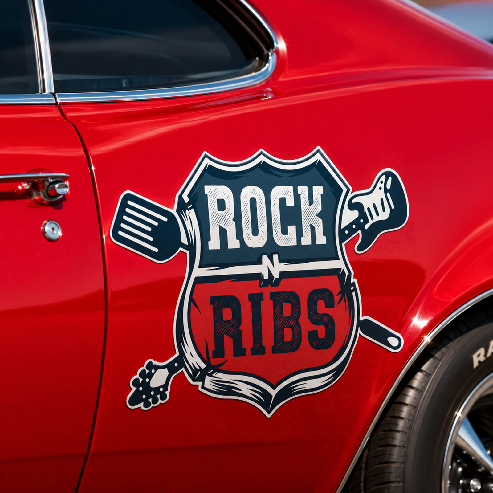 Rock n Ribs shield logo applied to the door of a red American muscle car.
