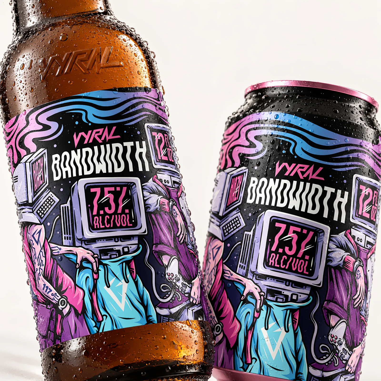 VYRAL Bandwidth beer bottle and can with condensation, showing the illustrated computer-headed characters.