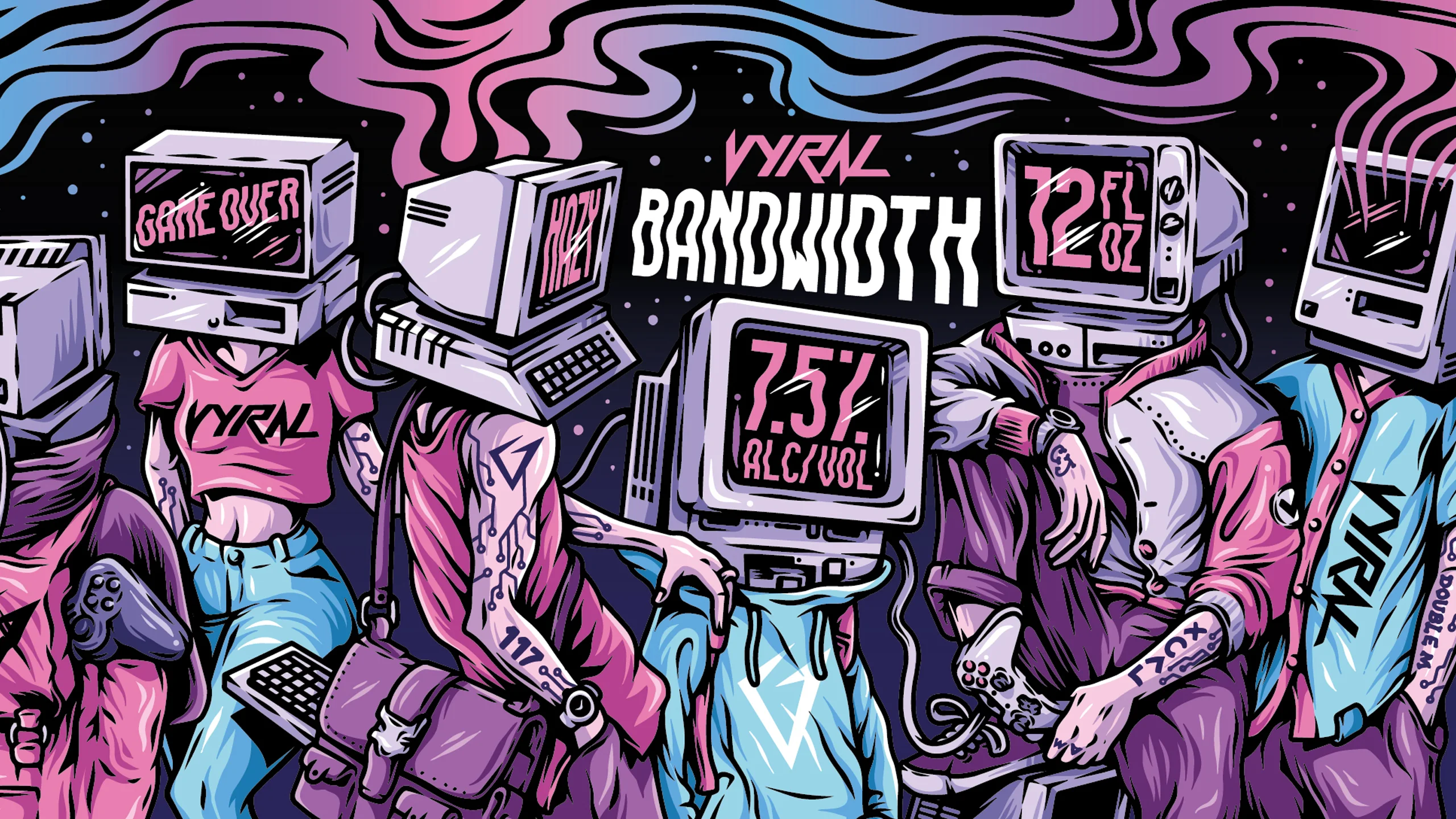Full VYRAL Bandwidth label illustration featuring a lineup of computer-headed characters and hidden branded details.