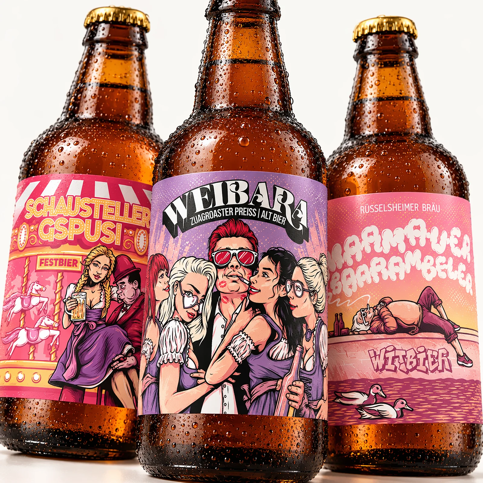 Three Rüsselsheimer Bräu beer bottles featuring colourful character-led illustrated label designs.