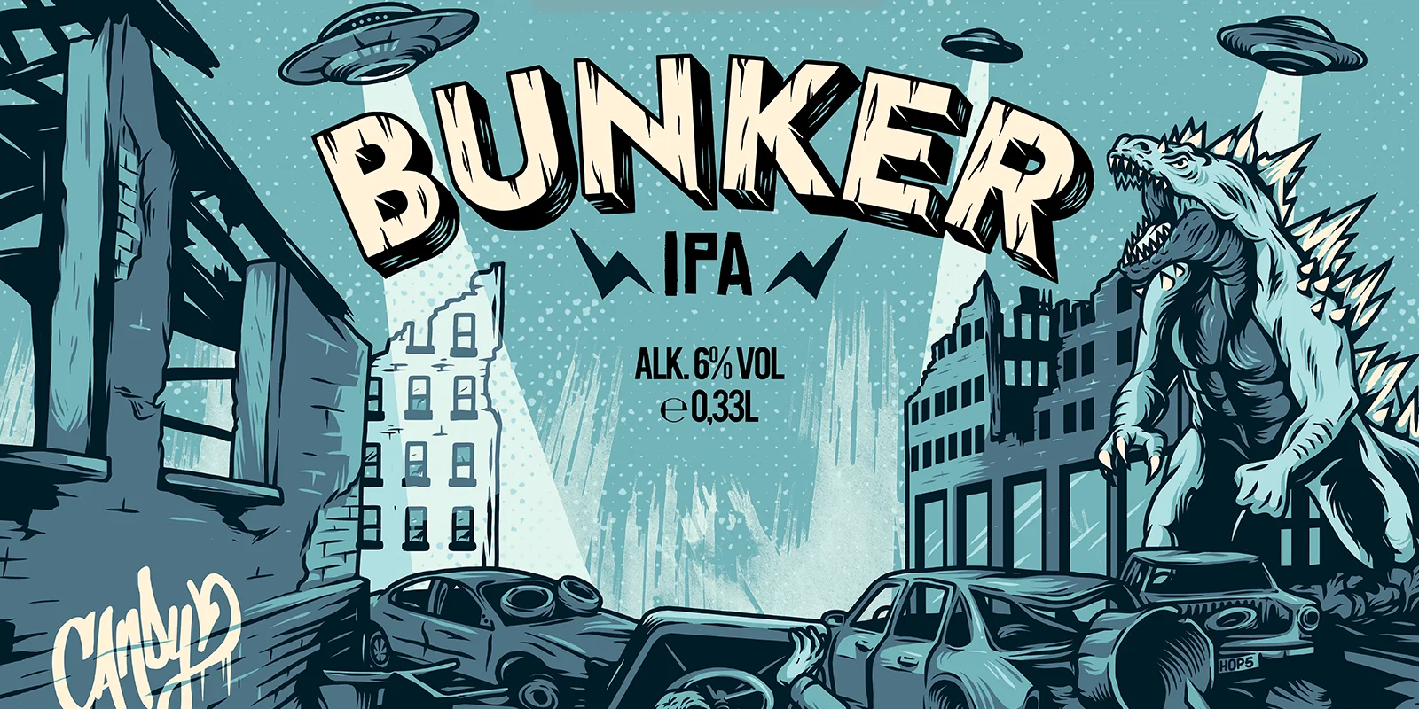 Bunker IPA label artwork featuring a giant monster, ruined city buildings and UFOs.