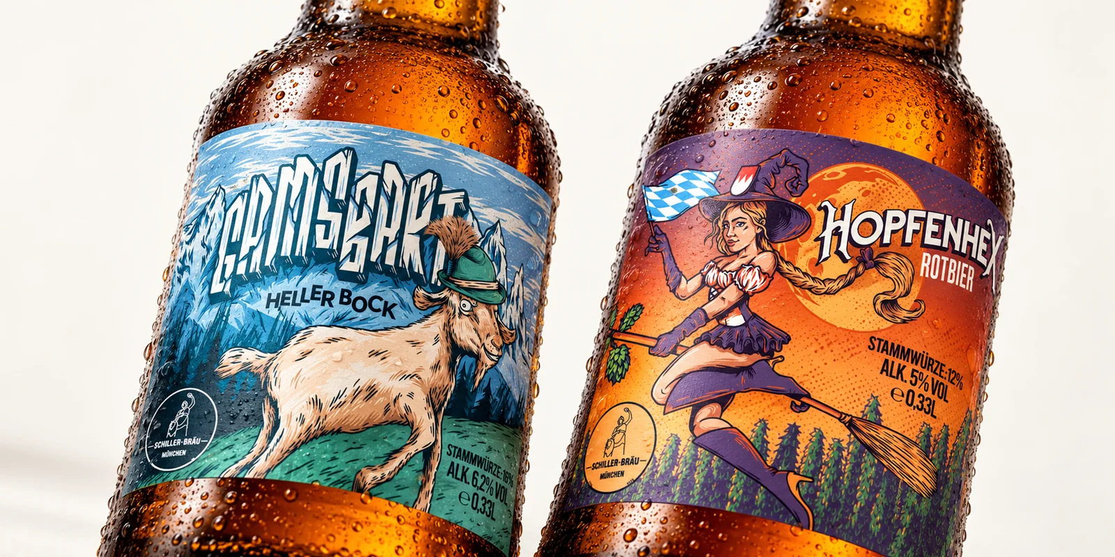 Gamsbart Heller Bock and Hopfenhex beer bottles showing two contrasting illustrated Rüsselsheimer Bräu labels.