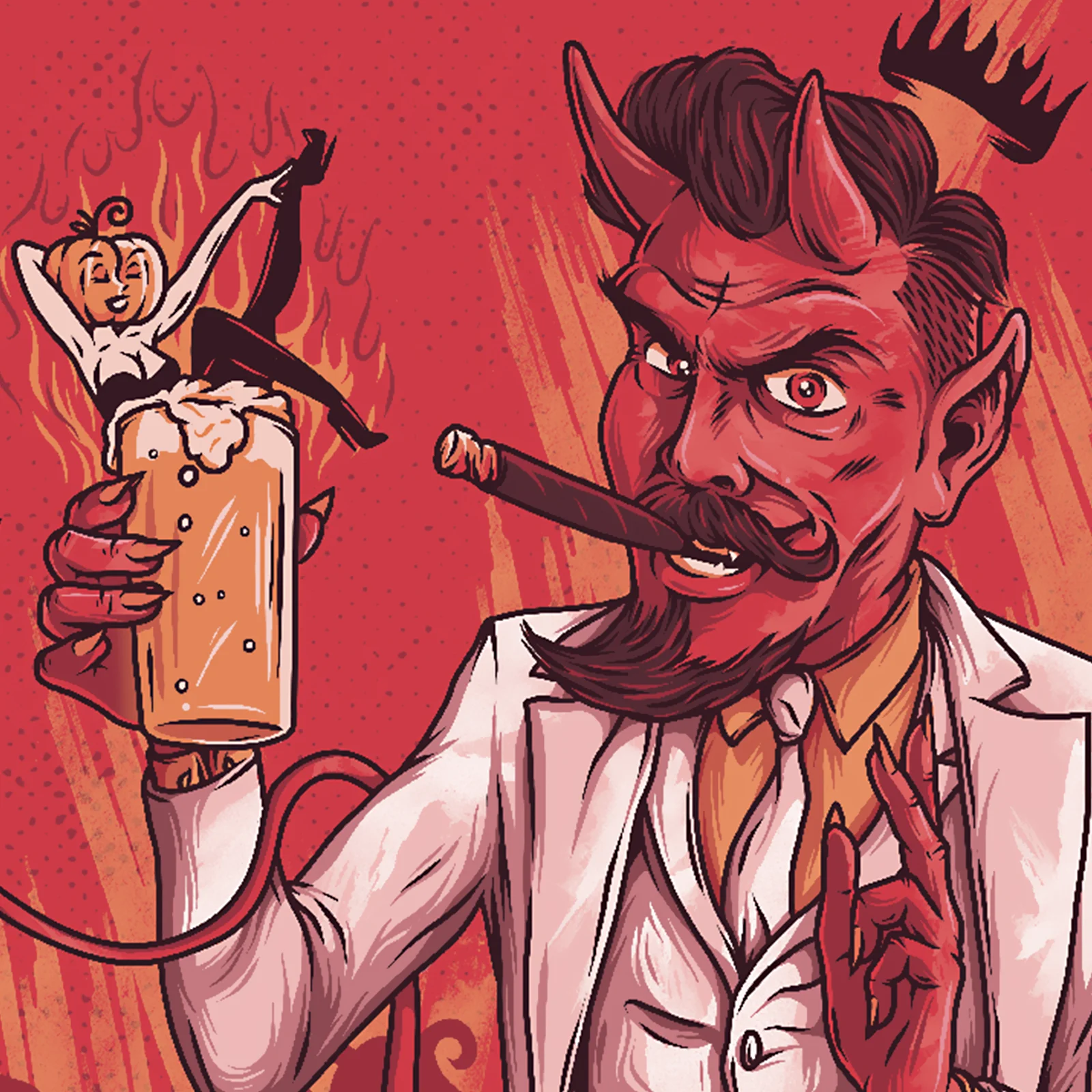 Deiwel Pumpkin Ale illustration detail featuring a red devil holding a beer and smoking a cigar.