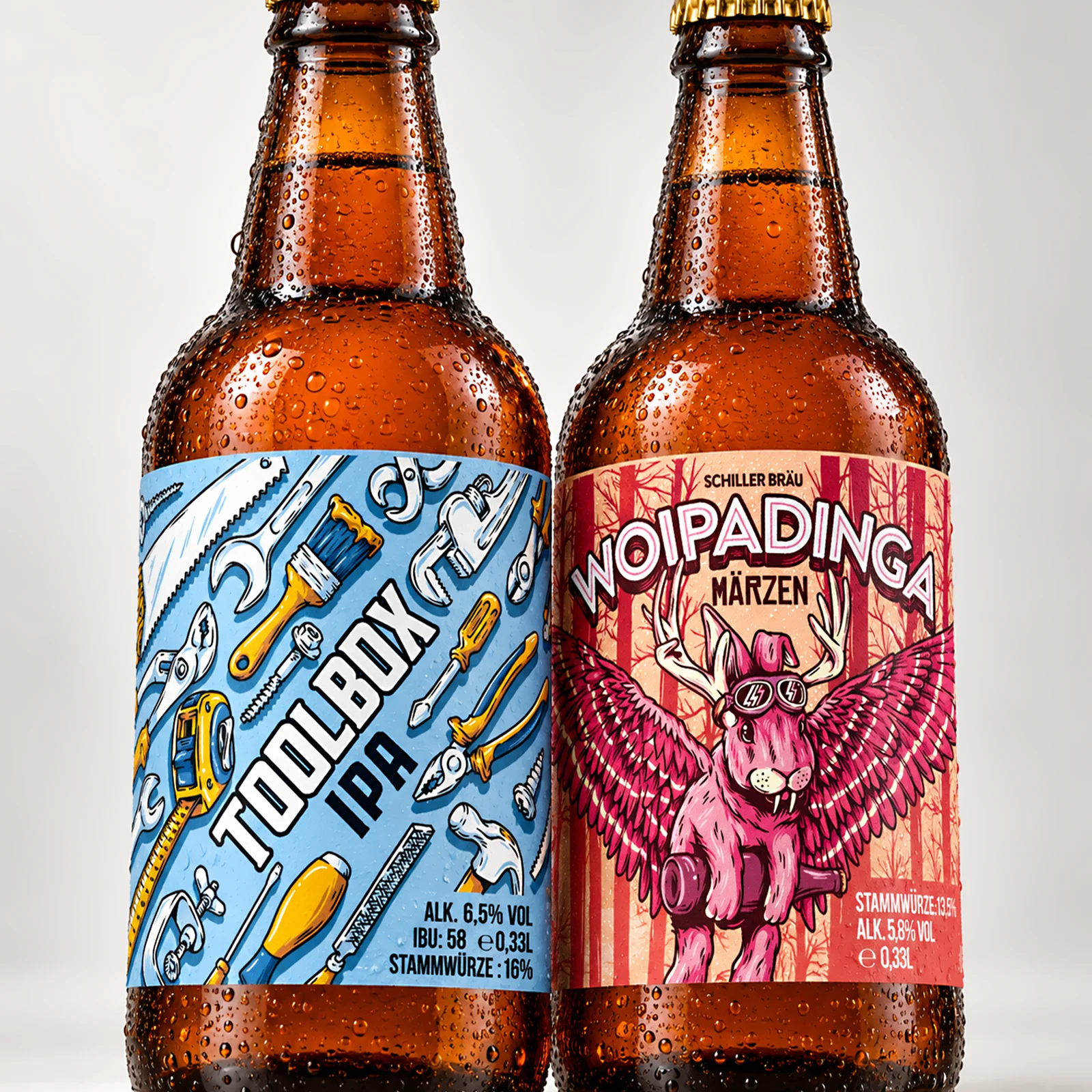Toolbox IPA and Woipadinga Märzen bottles from the Rüsselsheimer Bräu illustrated beer range.