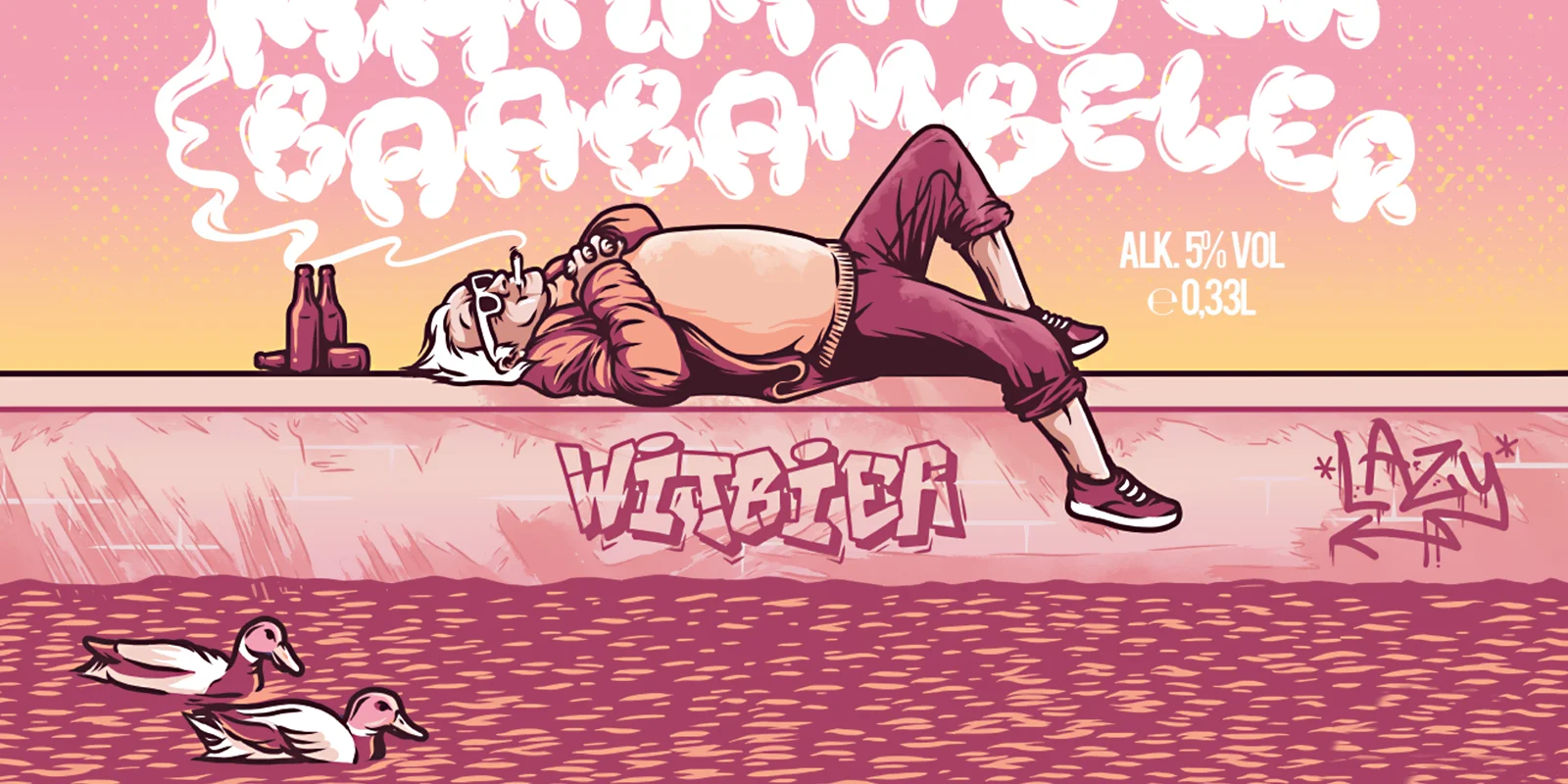 Pink Rüsselsheimer Bräu beer label featuring a reclining character beside the water with ducks and graffiti lettering.