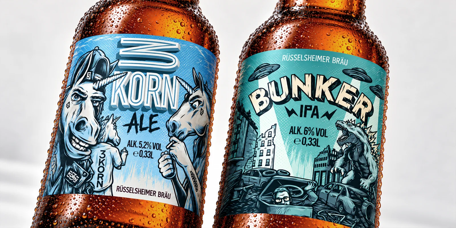 Close-up of 3 Korn Ale and Bunker IPA bottles showing two illustrated Rüsselsheimer Bräu beer labels.