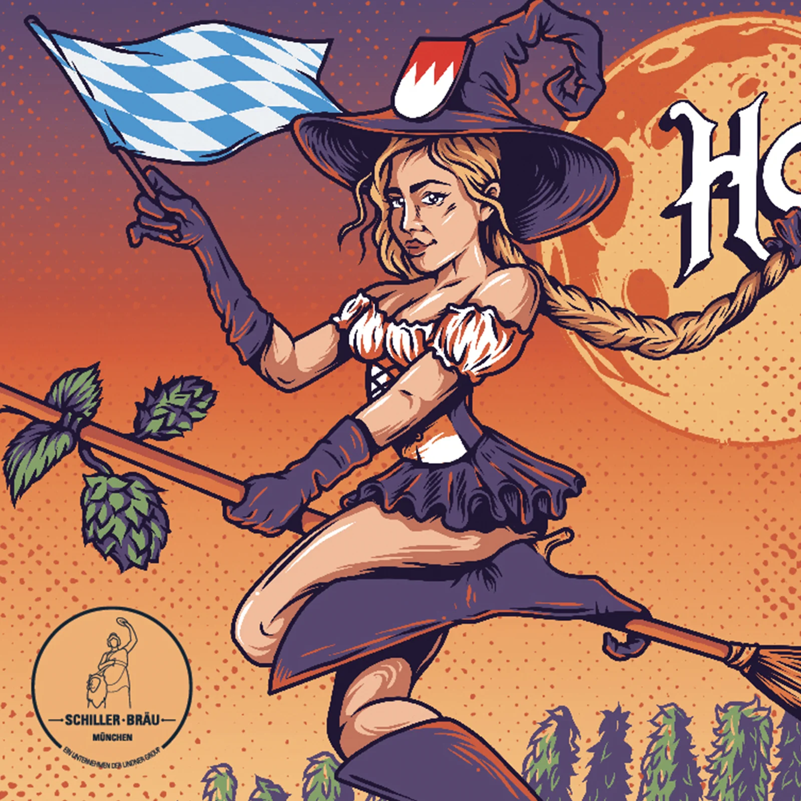 Hopfenhex beer label detail featuring an illustrated witch flying on a broom and carrying a Bavarian flag.