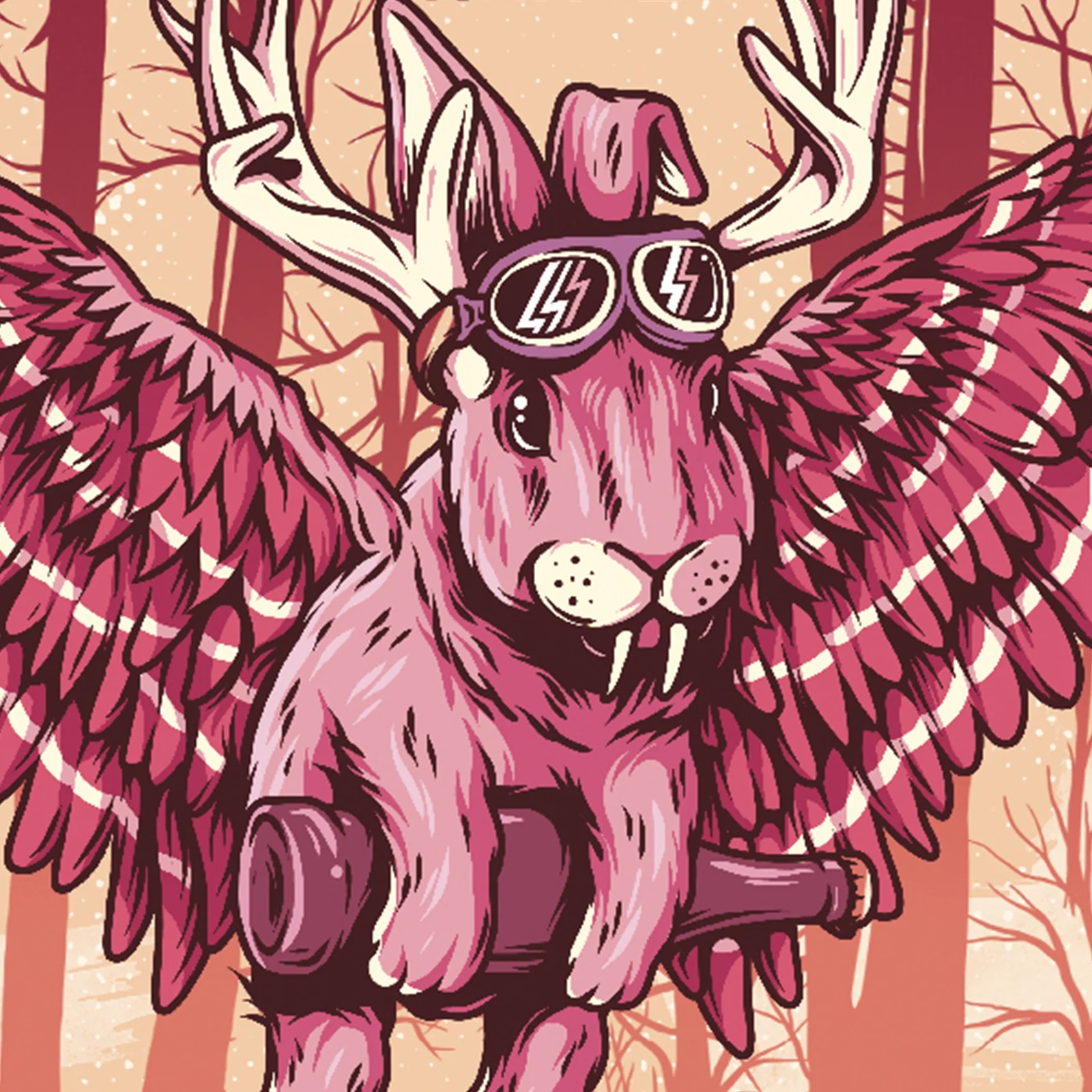 Woipadinga Märzen illustration detail featuring a pink winged and antlered creature wearing goggles.