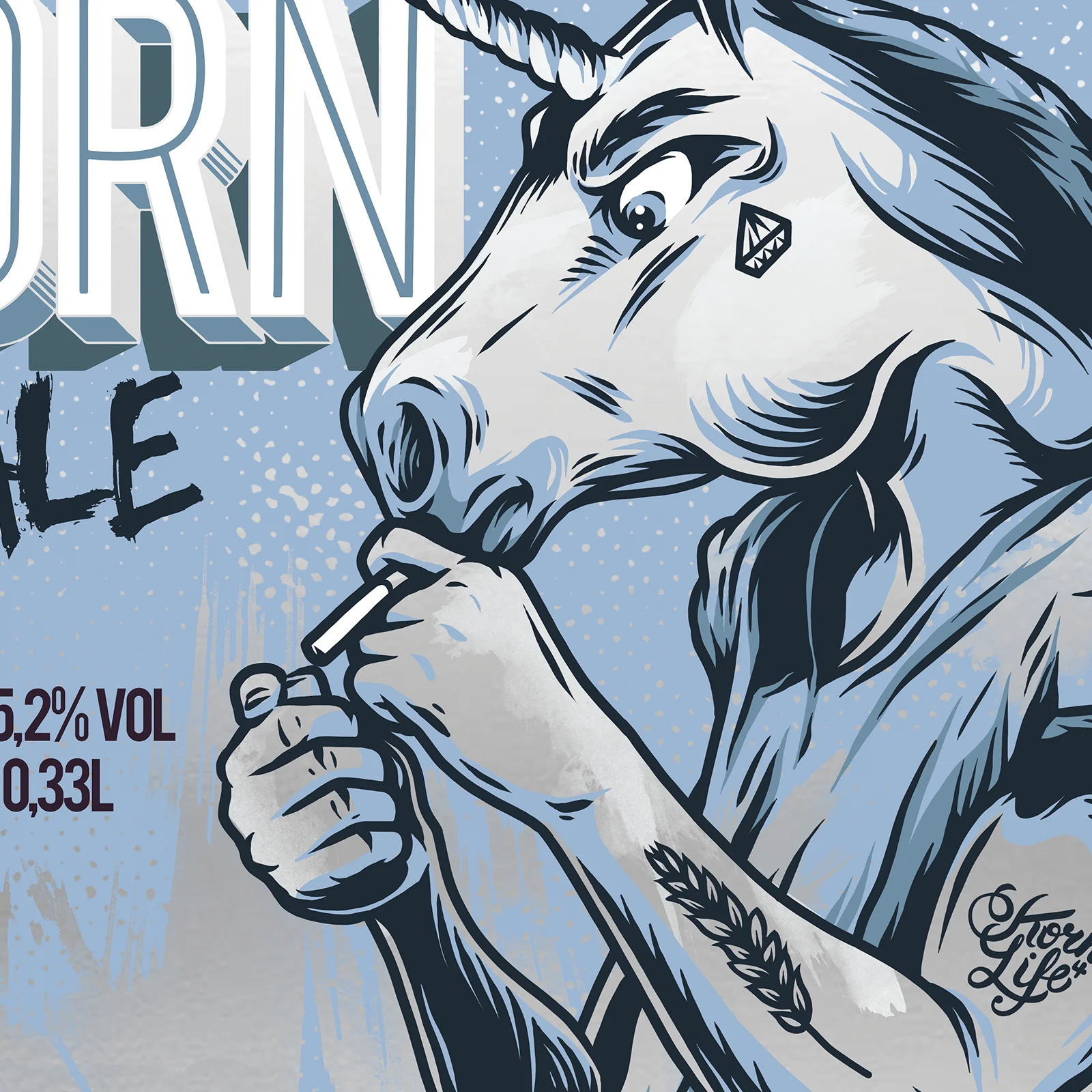 3 Korn Ale illustration detail featuring a unicorn-headed character with a cigarette and tattooed arm.